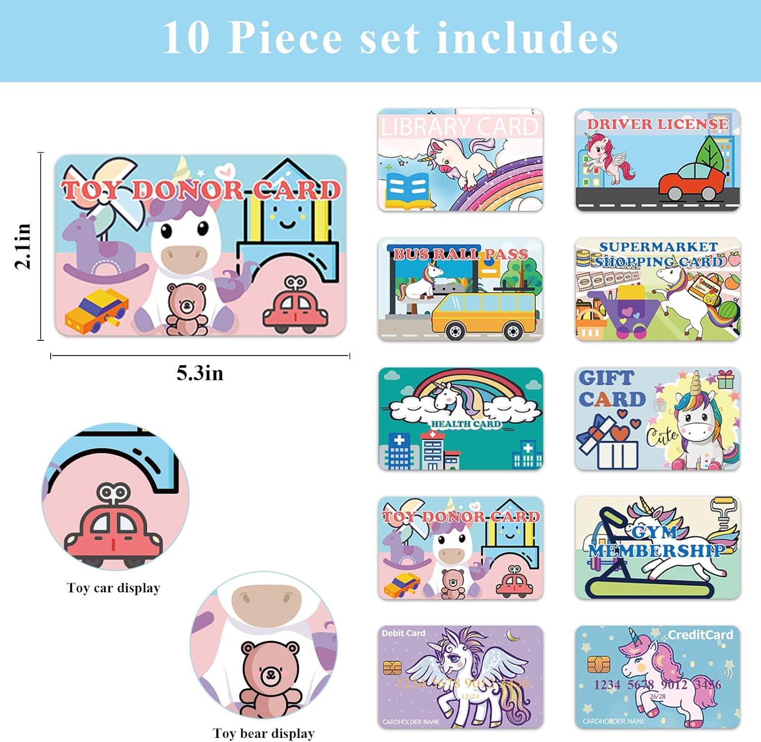 Tarjetas de crédito falsas para niños, tarjetas de crédito de unicornio para niñas, licencia de conducir, tarjetas de juego de membresía, tarjetas