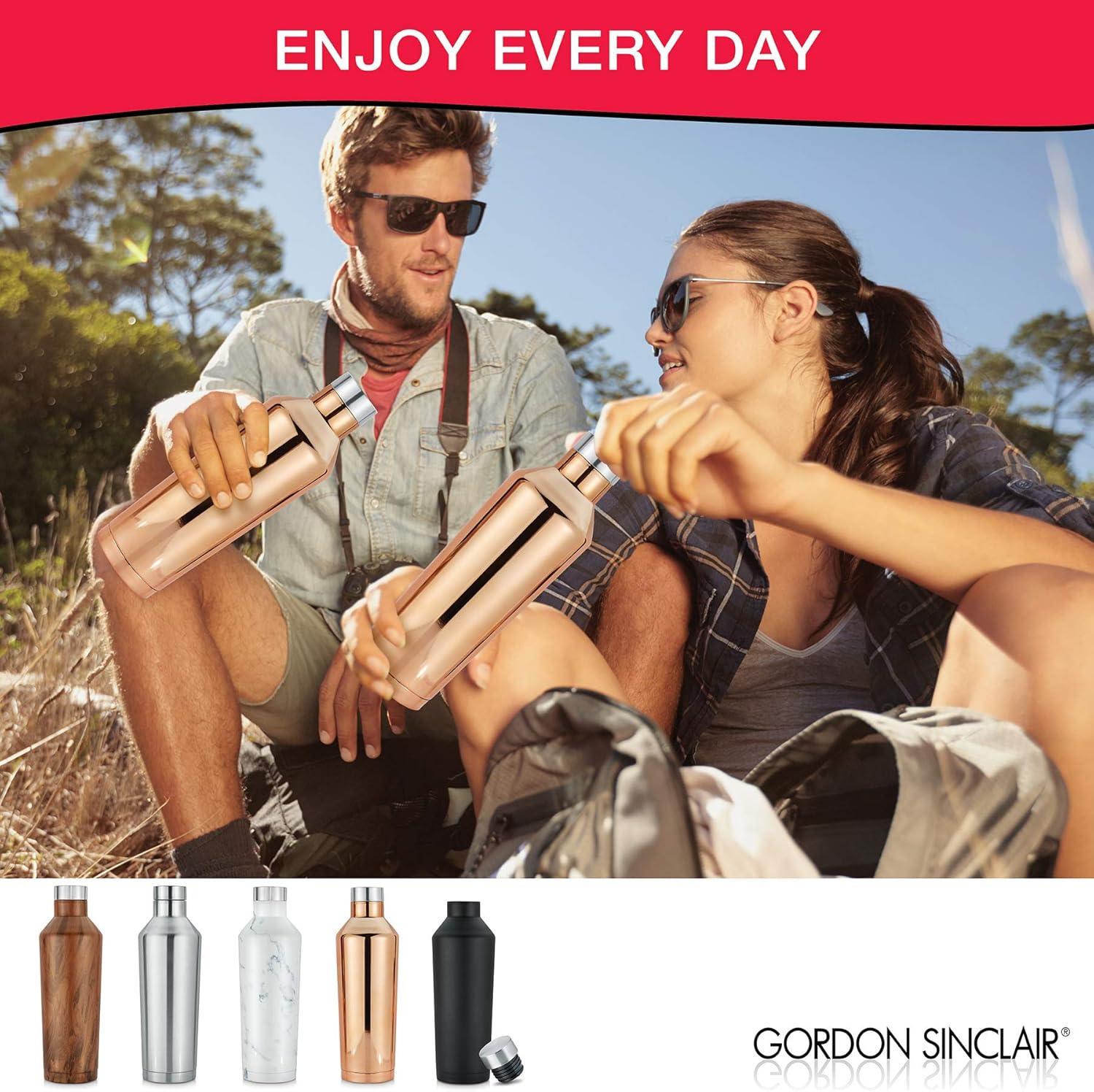 Gordon Sinclair Copper Riviera – Botellas de agua de acero inoxidable de doble pared de 17 onzas, la botella de agua aislada al vacío es a prueba de
