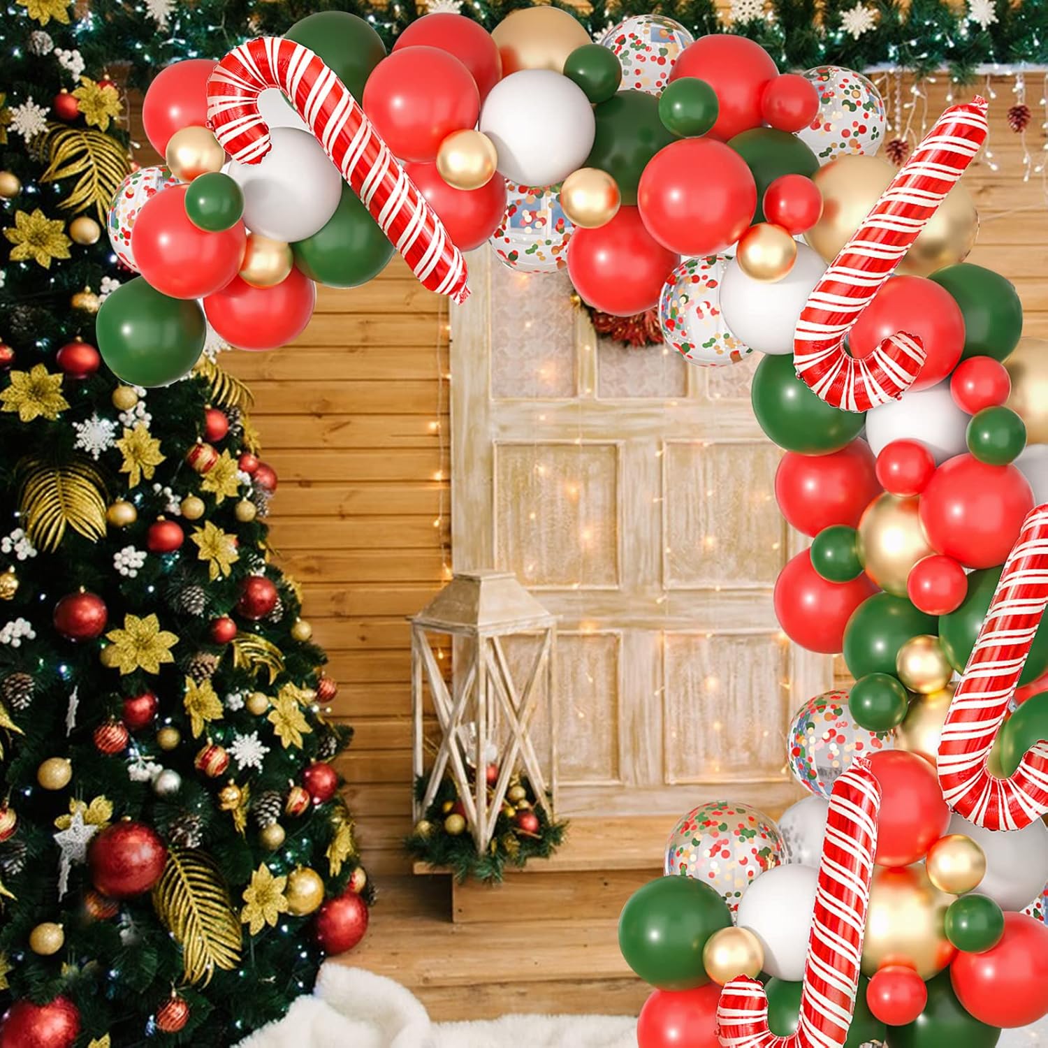 RHGBINLI Kit de arco de guirnalda de globos de Navidad, 105 globos rojos, verdes, dorados y blancos con globos de bastón de caramelo para