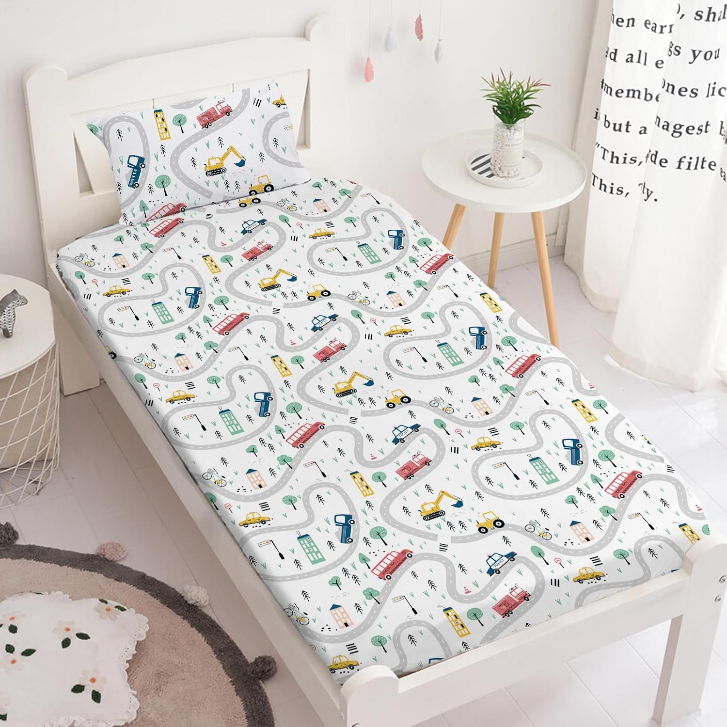 Twin Kids Fitted Sheets Road Traffic Themed Sheet and Pillowcases Set Cute Cartoon Truck Bed Boys Twin Sheet Set 2 Piece Bedding Decor Set