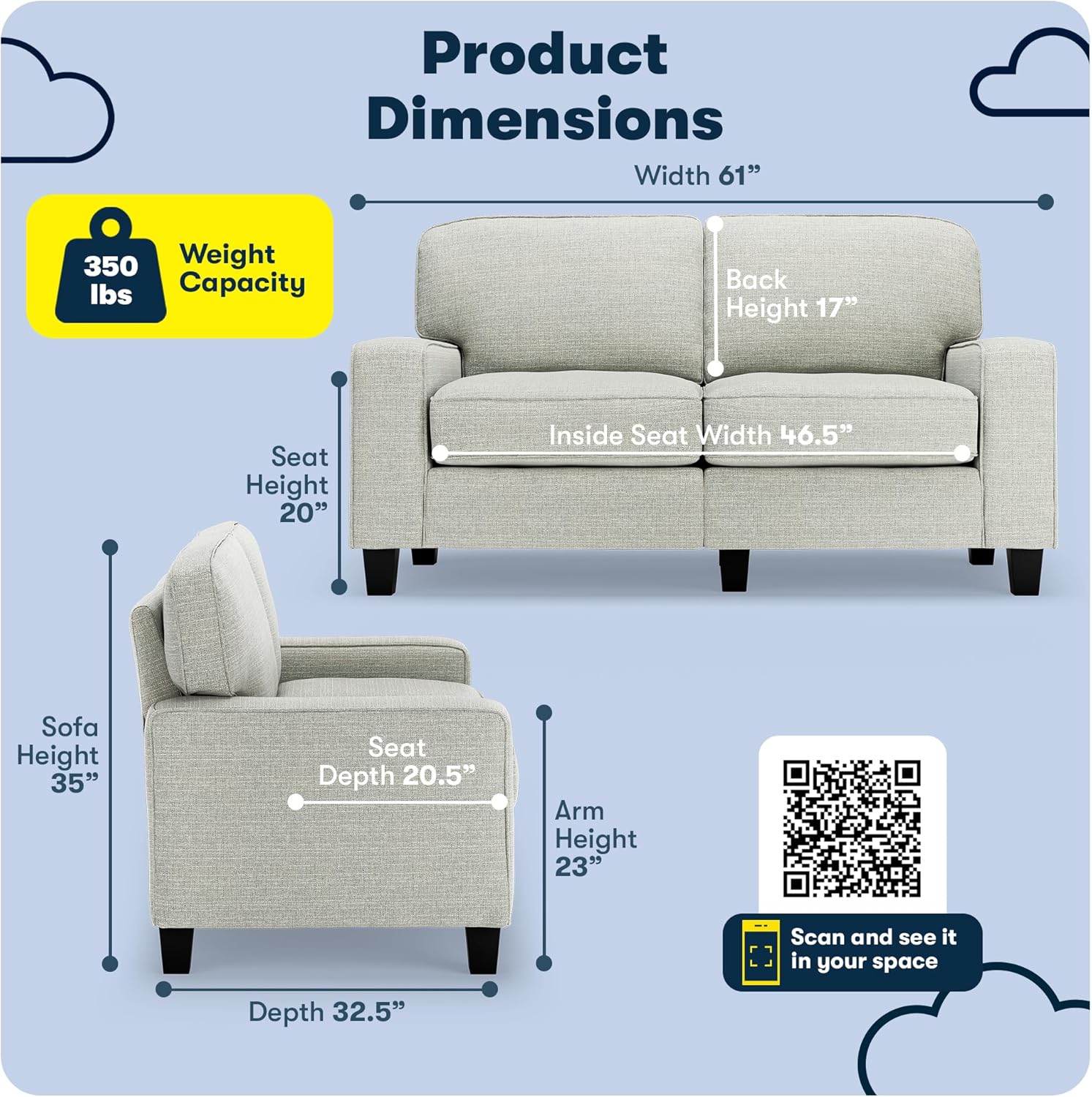 Serta Palisades Sofás Tapizados para Sala, Sofá de Diseño Moderno, Poliuretano, Gris (Pebble Gray)