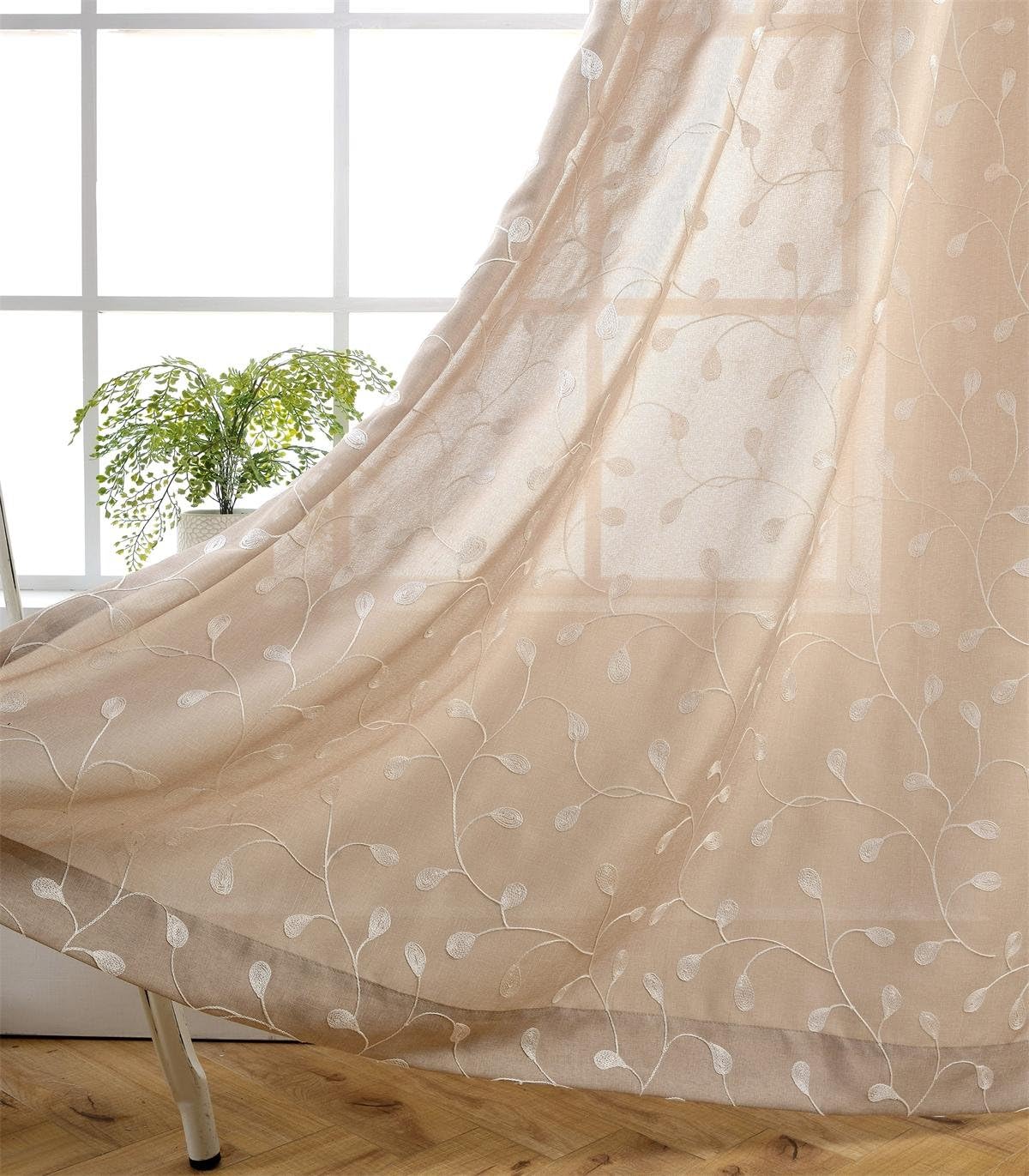 Miuco – Cortinas con ojales de lino sintético, semitransparentes, bordadas con flores, para sala de estar
