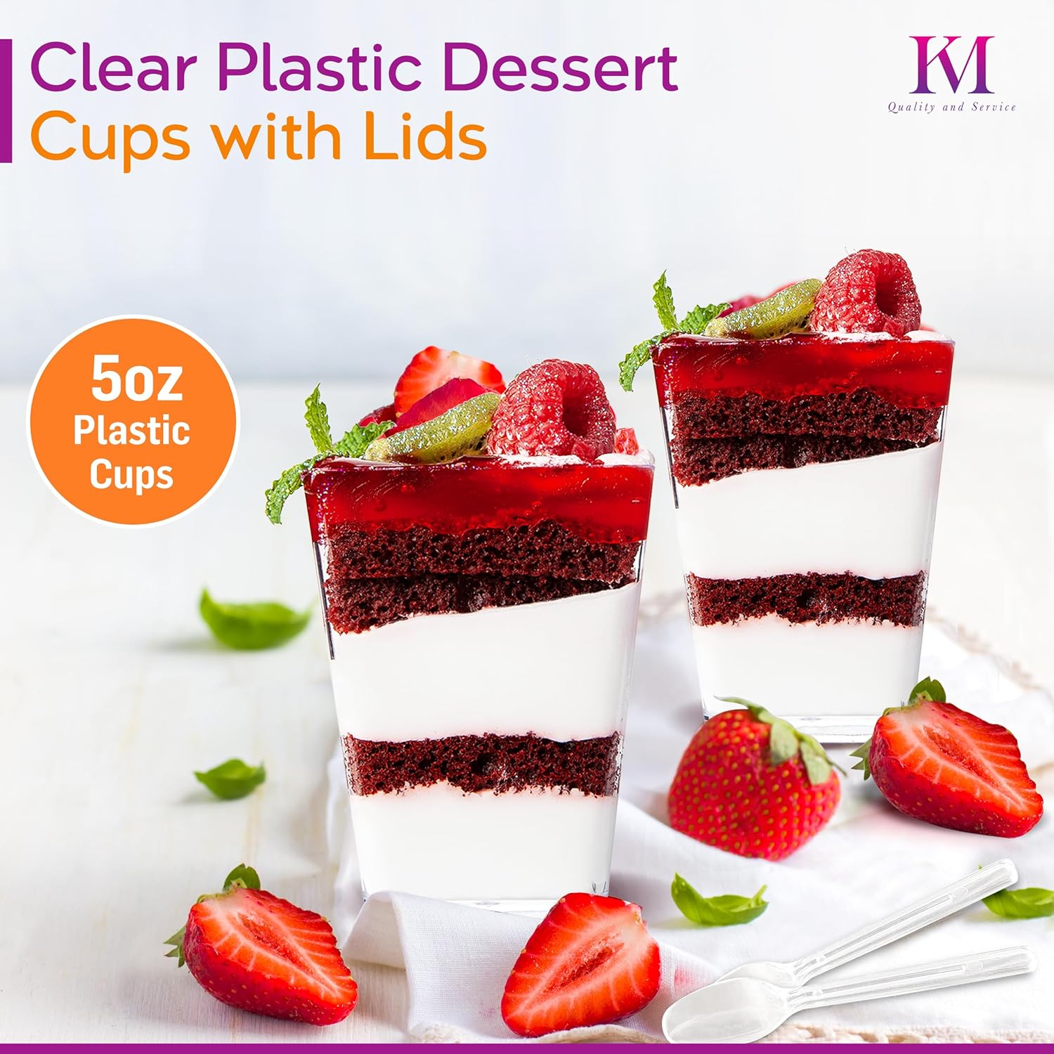 Km Vasos de postre con tapas y cucharas de 5 onzas, paquete de 100 vasos transparentes, vasos de plástico para parfait, cuencos de aperitivo de
