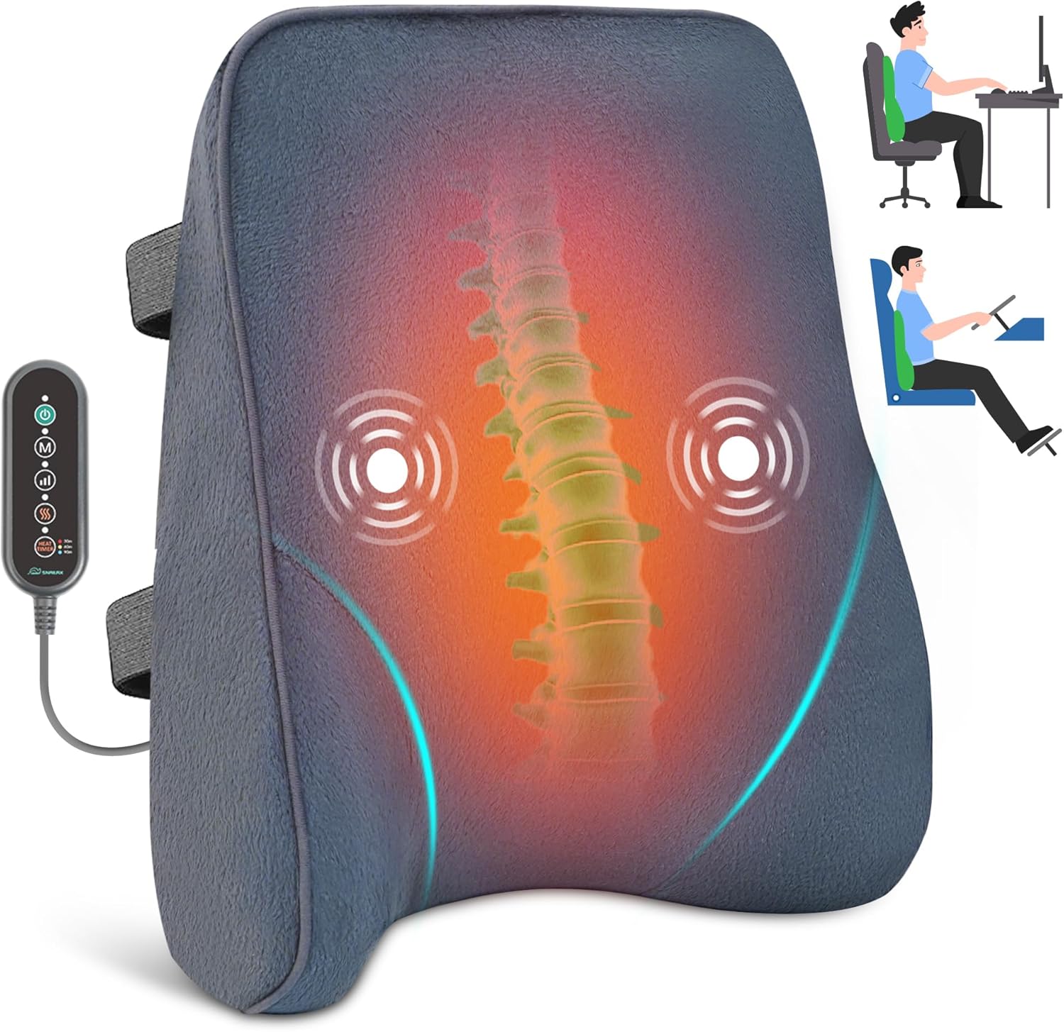 Snailax Almohada de apoyo lumbar calentada para silla de oficina, almohada de apoyo de espalda para automóvil con vibración, soporte de silla para