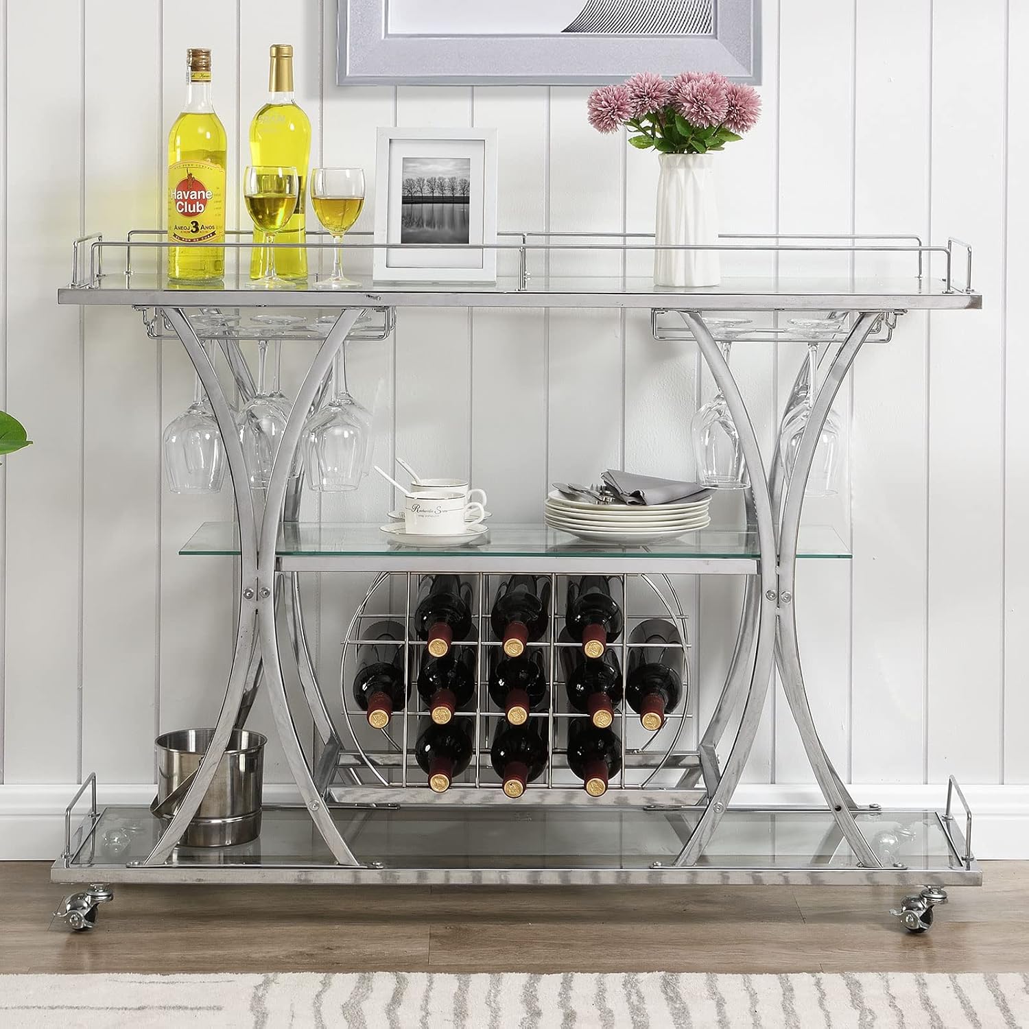 HOMYSHOPY Carrito de servicio de bar con soporte para vidrio y estante para vino, carrito de cocina de 3 niveles con estantes de vidrio templado y