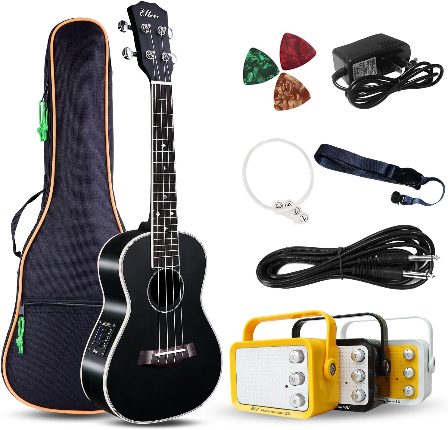 Guitarra eléctrica hawaiana Ellen Concert estilo ukelele de 23 pulgadas Spruce Mahogany Ukulele Hawaii, Negro