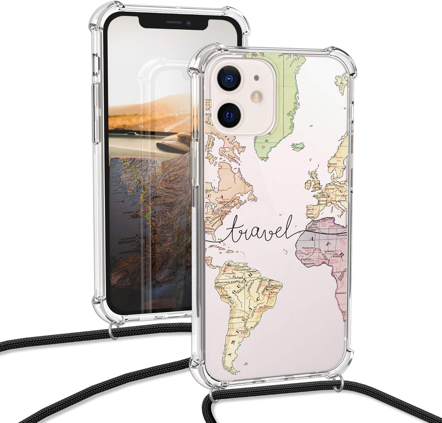 kwmobile Funda cruzada compatible con Apple iPhone 12 Mini, correa de viaje, color negro, multicolor y transparente