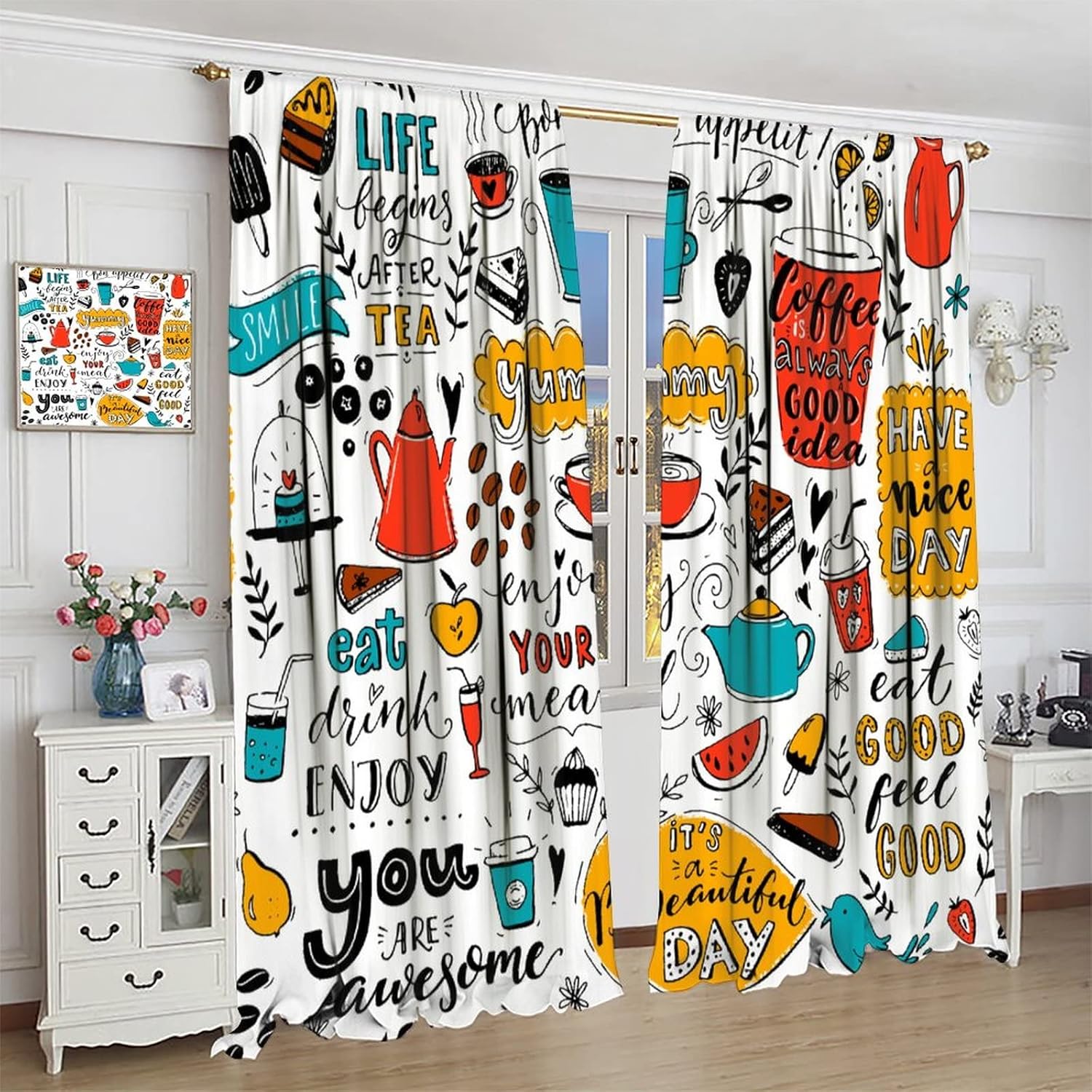 Cortinas de café para cafetería, diseño artístico de grafiti, decoración de sala de estar, cafetería, cocina, dormitorio, cortinas opacas para