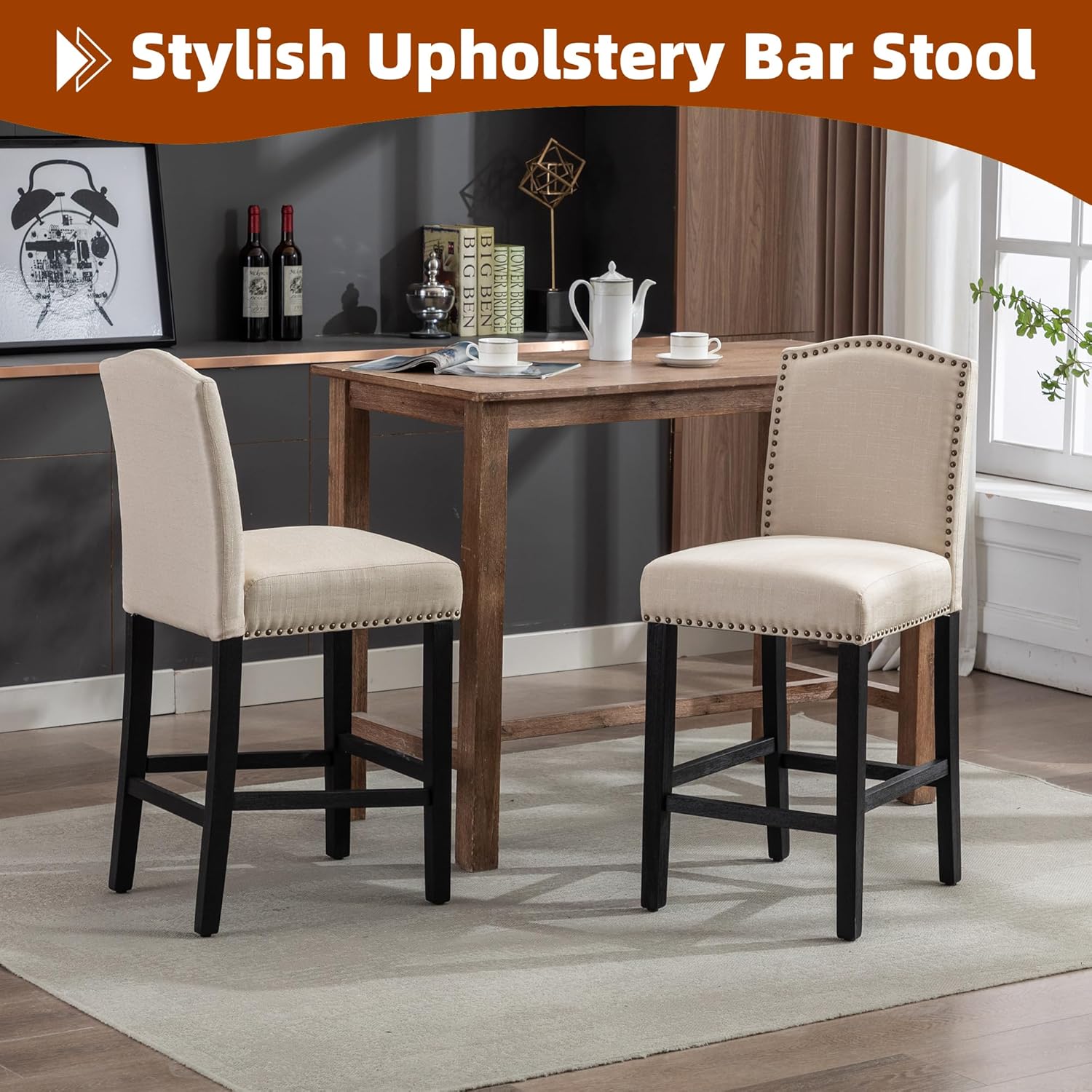 Juego de 2 taburetes de bar, sillas de mostrador con ribete de remache, taburetes de bar tapizados para isla de cocina con acogedor asiento de 26