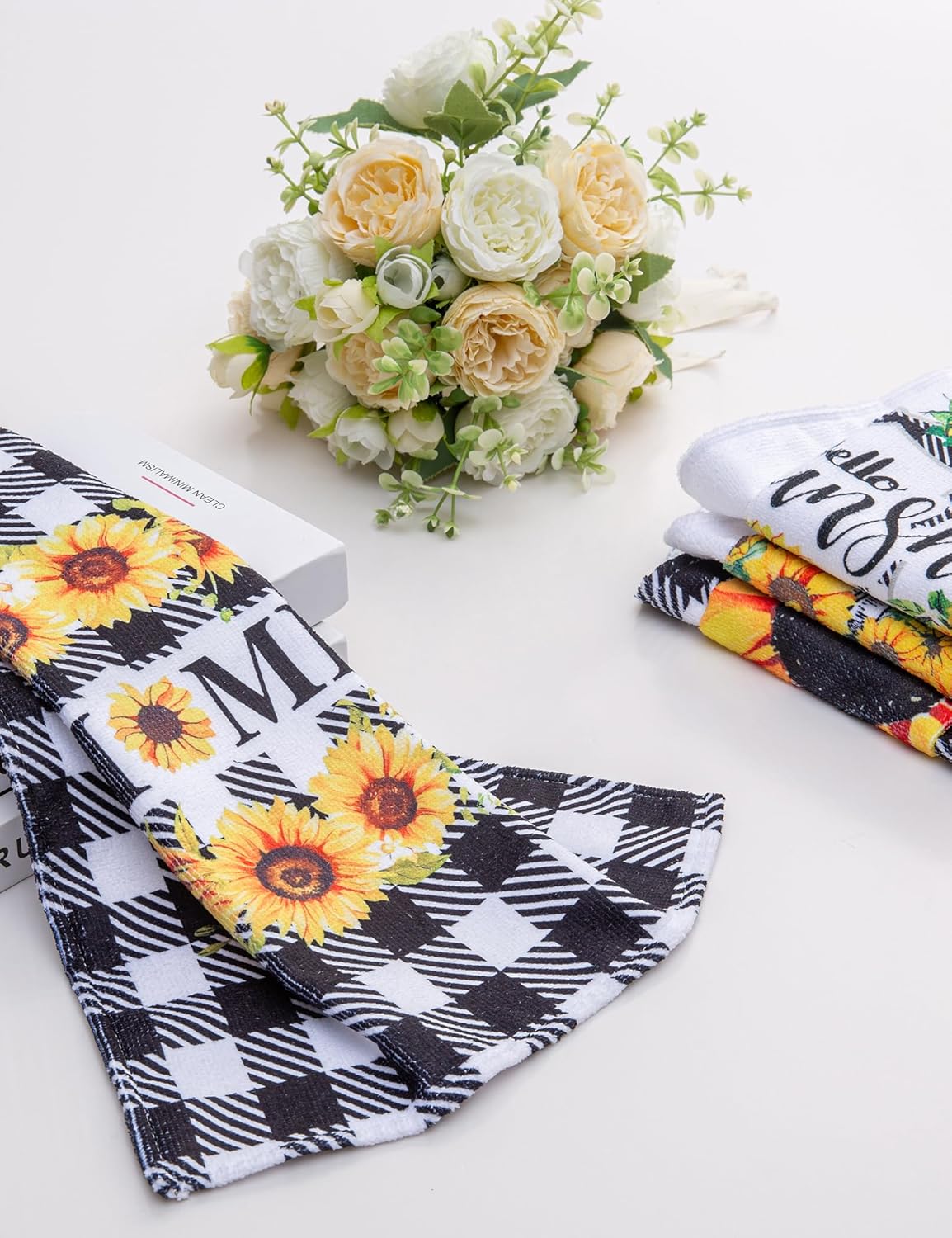 Mayler Yee Juego de 4 toallas de cocina colgantes con girasol y búfalo a cuadros, toallas de mano con velcro para cocina, baño, decoración de