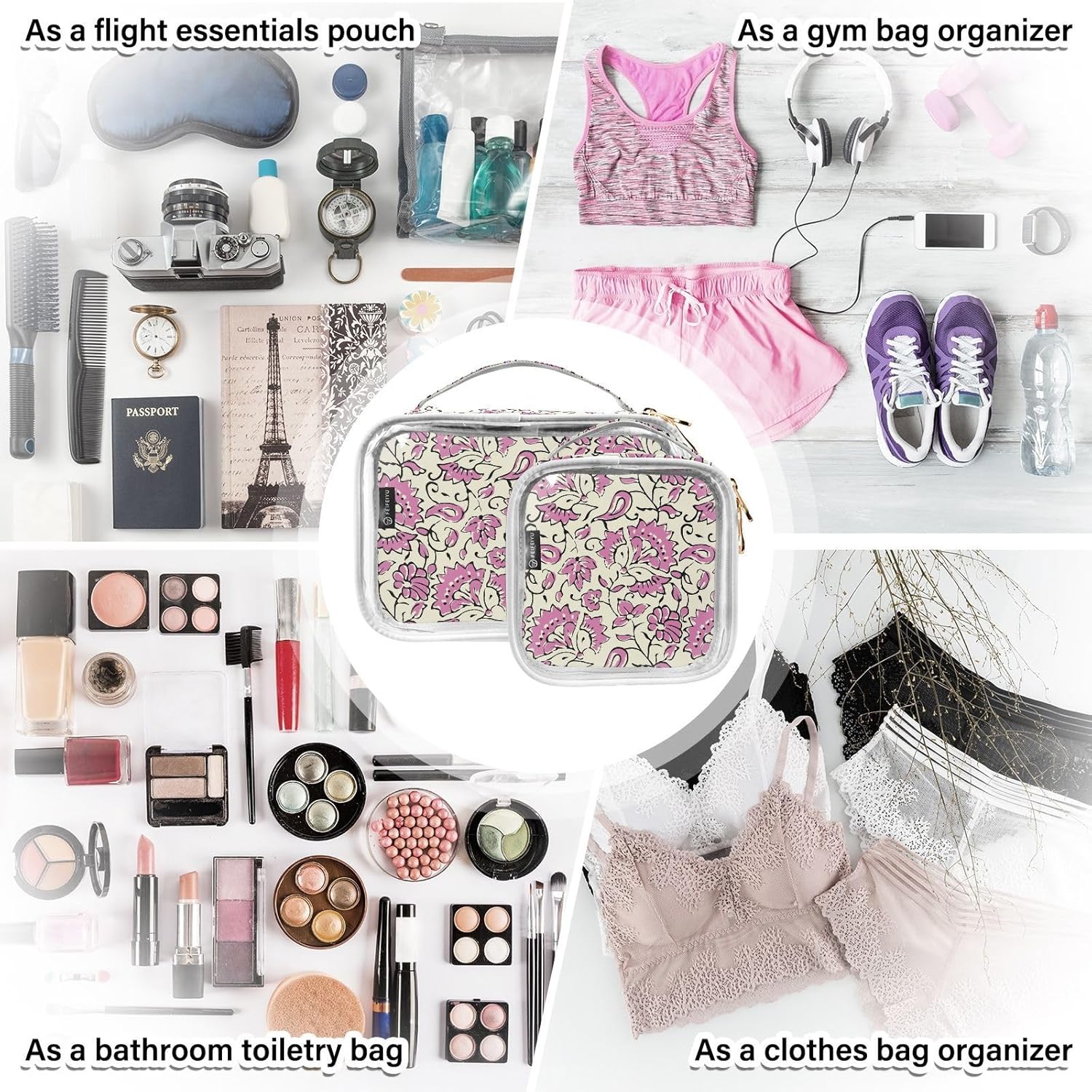 ZOEO Bolsas de maquillaje transparentes, paquete de 2 bolsas de viaje, neceser, organizador portátil de cosméticos, para hombres y mujeres, bolsa de