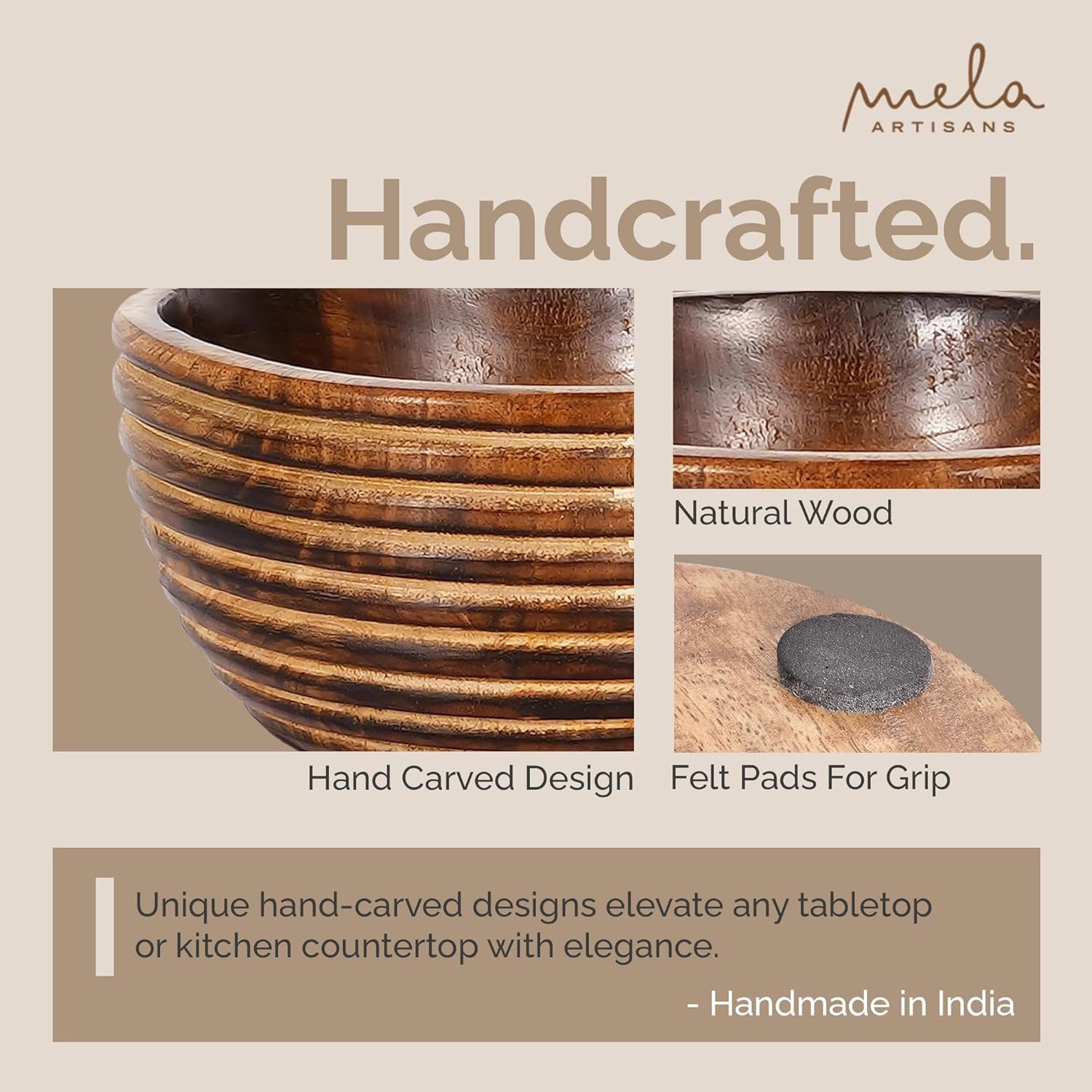 Mela Artisans Frutero de madera de 9 pulgadas, cuenco regular para ensaladas, cereales, aperitivos y mezcla, cuencos decorativos para cocina