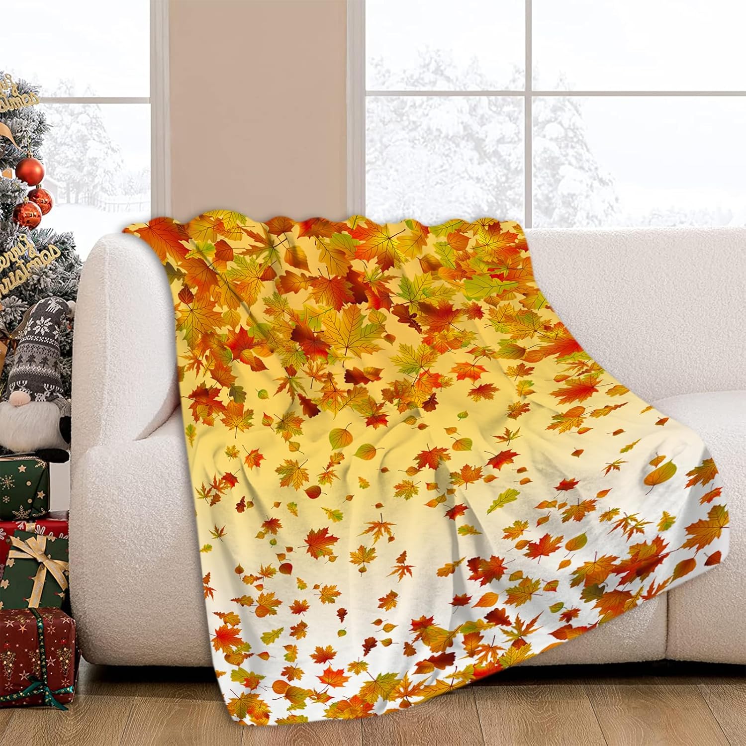 JOOCAR Manta de franela de hojas de otoño de 50 x 60 pulgadas, manta cálida de felpa acogedora y suave con hojas de otoño rojas y amarillas para