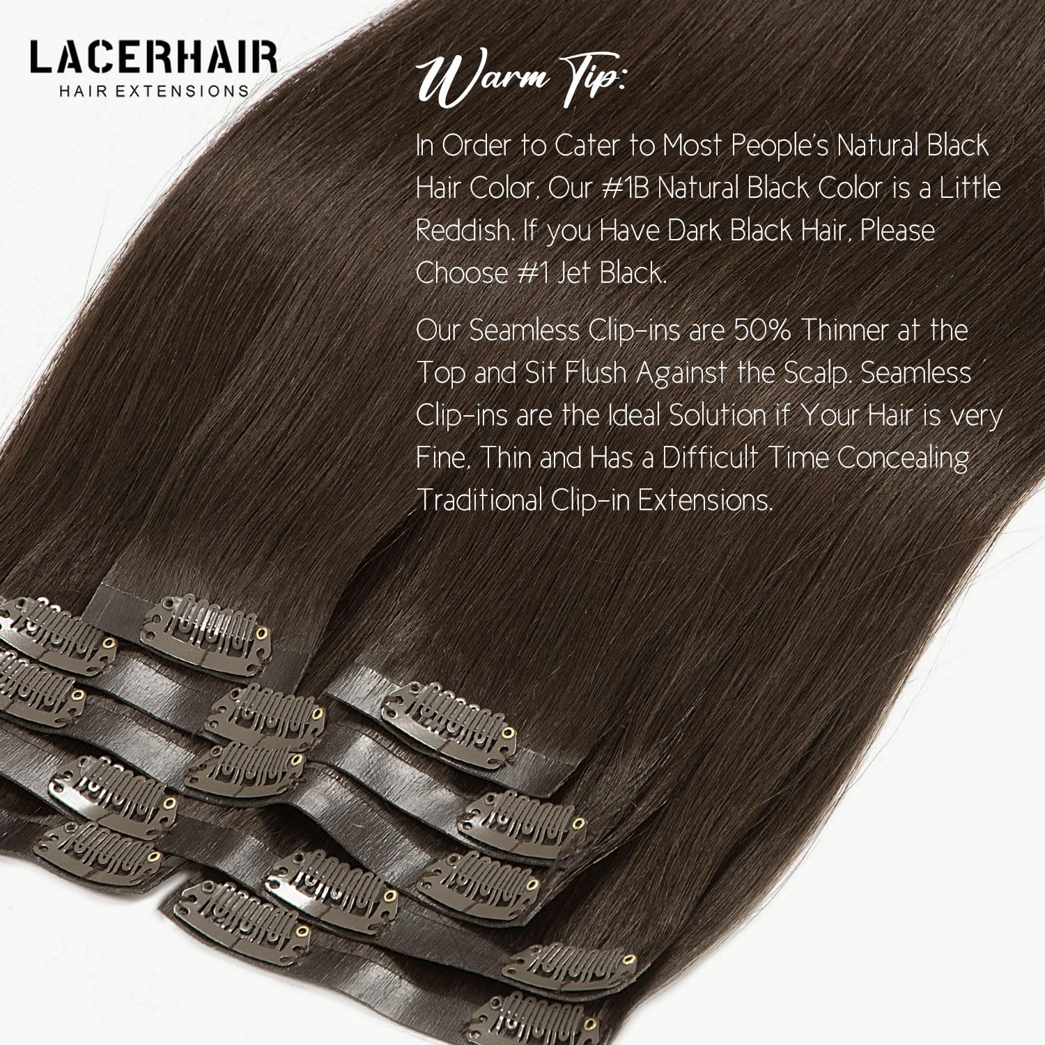 Lacer Extensiones de cabello humano real con clip, extensiones de cabello humano con clip, de 18 pulgadas, sin costuras, trama de poliuretano, 7