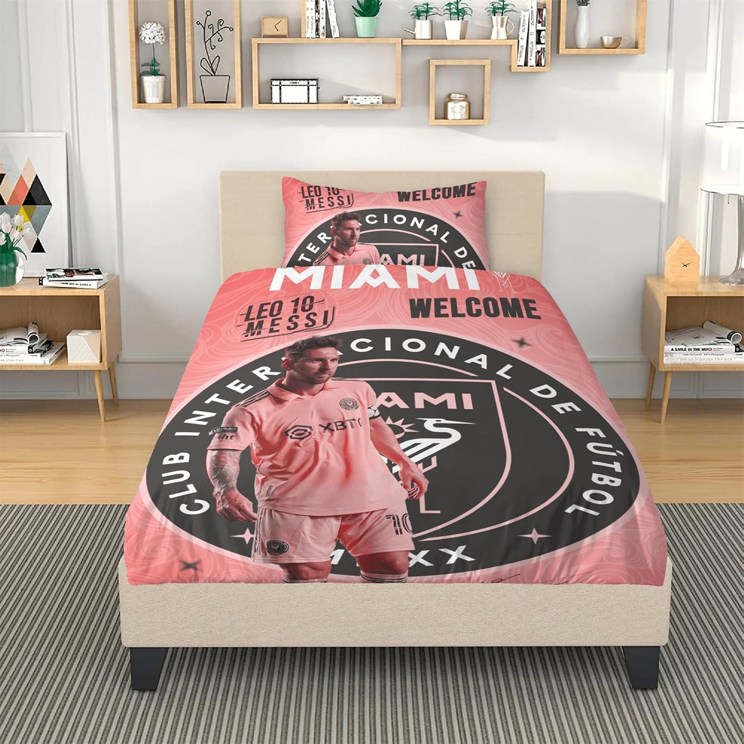 Miami – Juego de ropa de cama de fútbol, juego de funda de edredón de fútbol rosa, juego de ropa de cama de fútbol de microfibra suave, 3 piezas,