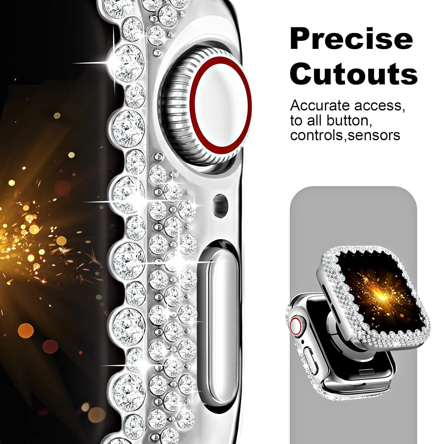 Bling Funda protectora compatible con Apple Watch Series 9, 8, 7, 1.614 in, cubierta protectora de diamante para mujer, protector de marco duro de