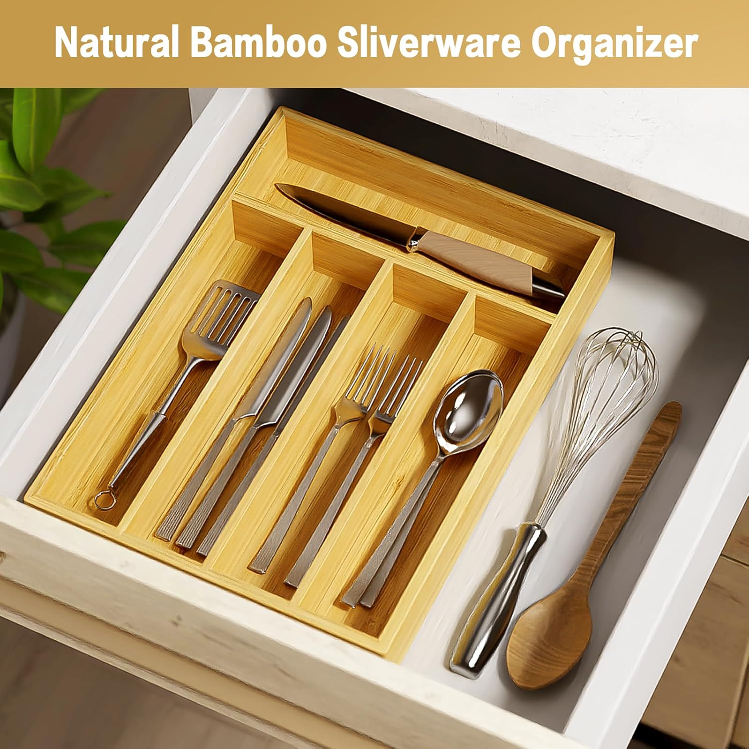 Organizador de cajones de cocina de bambú, organizador de cubiertos para cajones de cocina, bandeja de utensilios y almacenamiento de cubiertos para