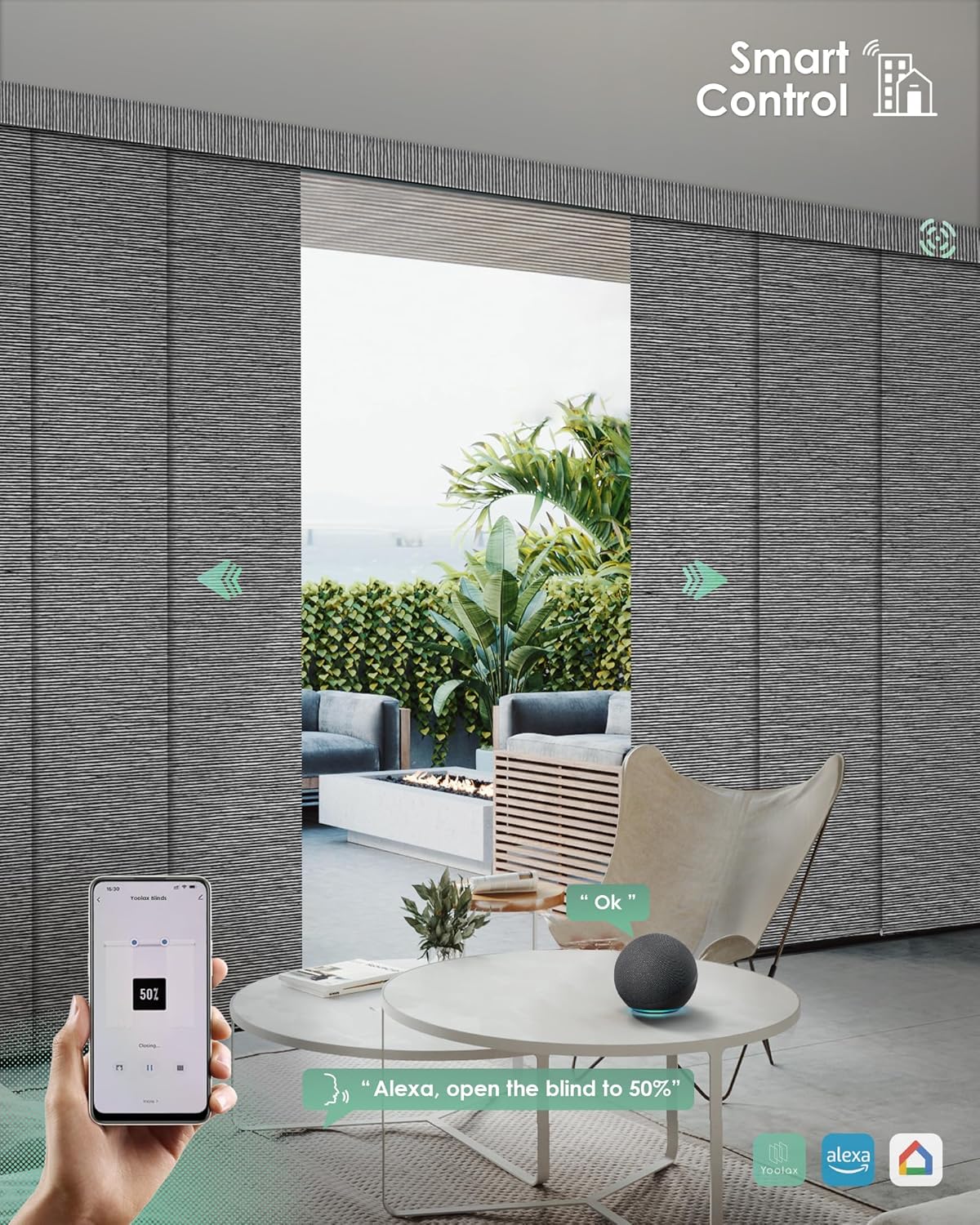 Yoolax Persianas de puerta corredera inteligentes XL personalizadas, persianas motorizadas compatibles con Alexa, persianas verticales opacas de