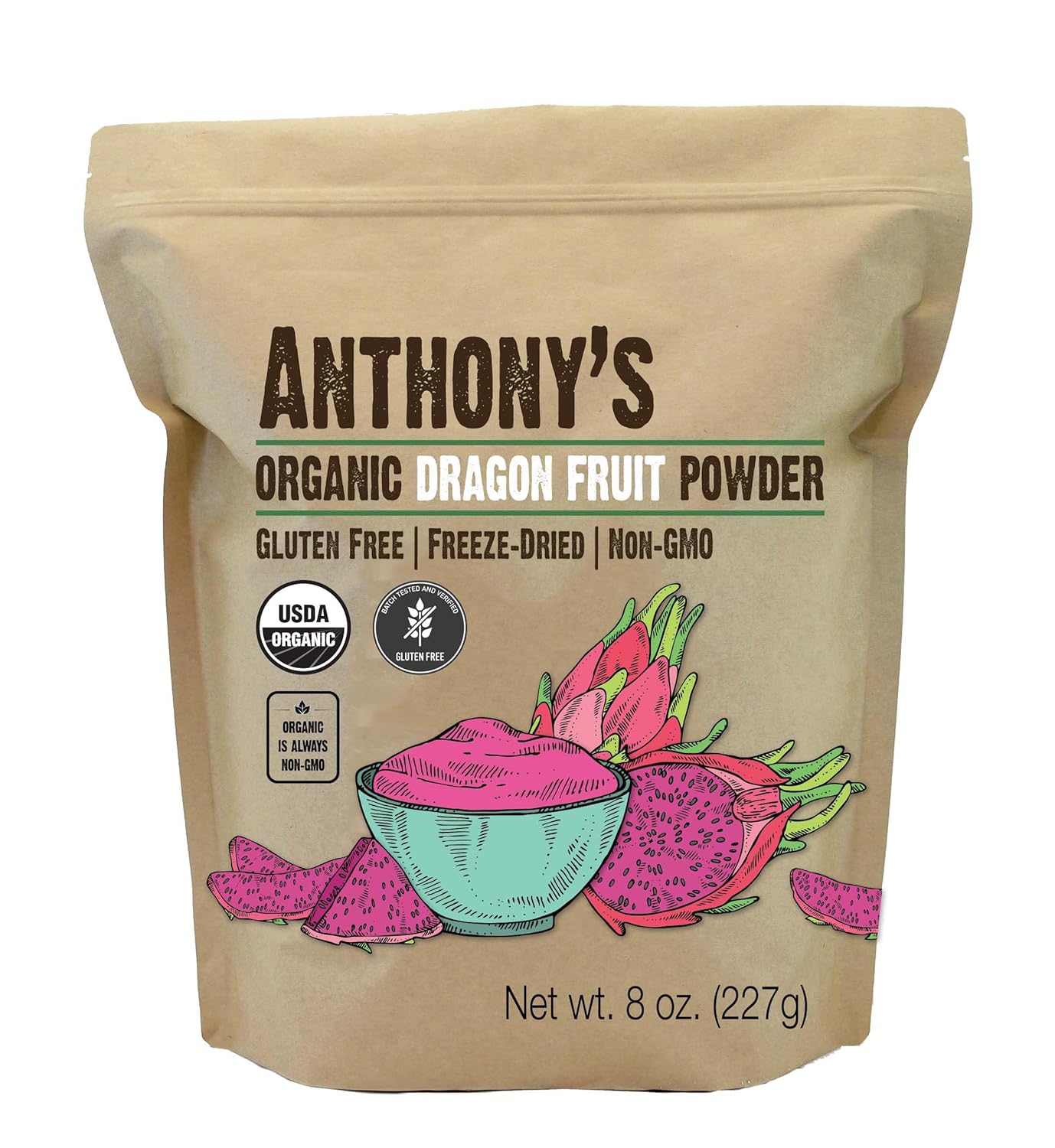 Anthony’s Polvo orgánico de fruta del dragón, 8 onzas, liofilizado, sin gluten, sin OMG