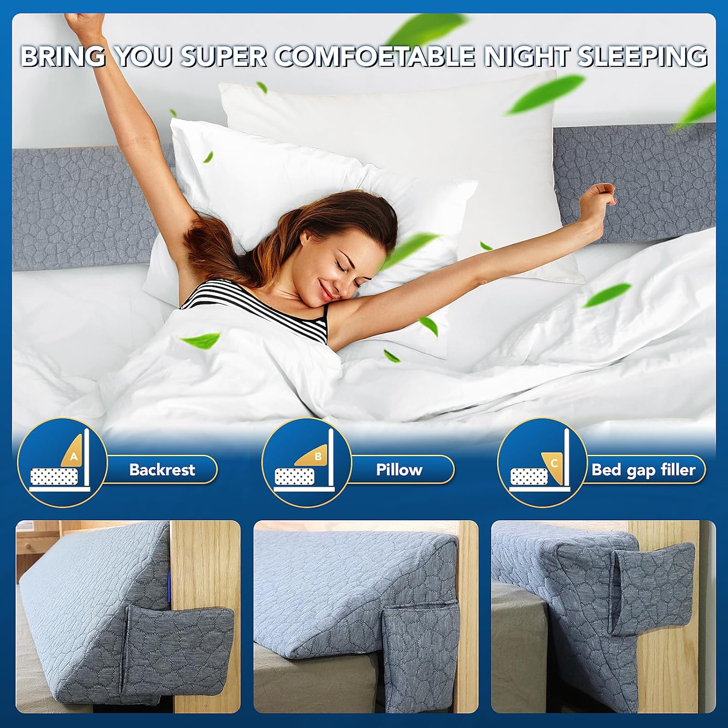 Teemour Almohada de cuña de tamaño individual (39 x 10 x 6 pulgadas), almohada de cuña triangular, almohada larga, relleno de huecos de cama (0-7