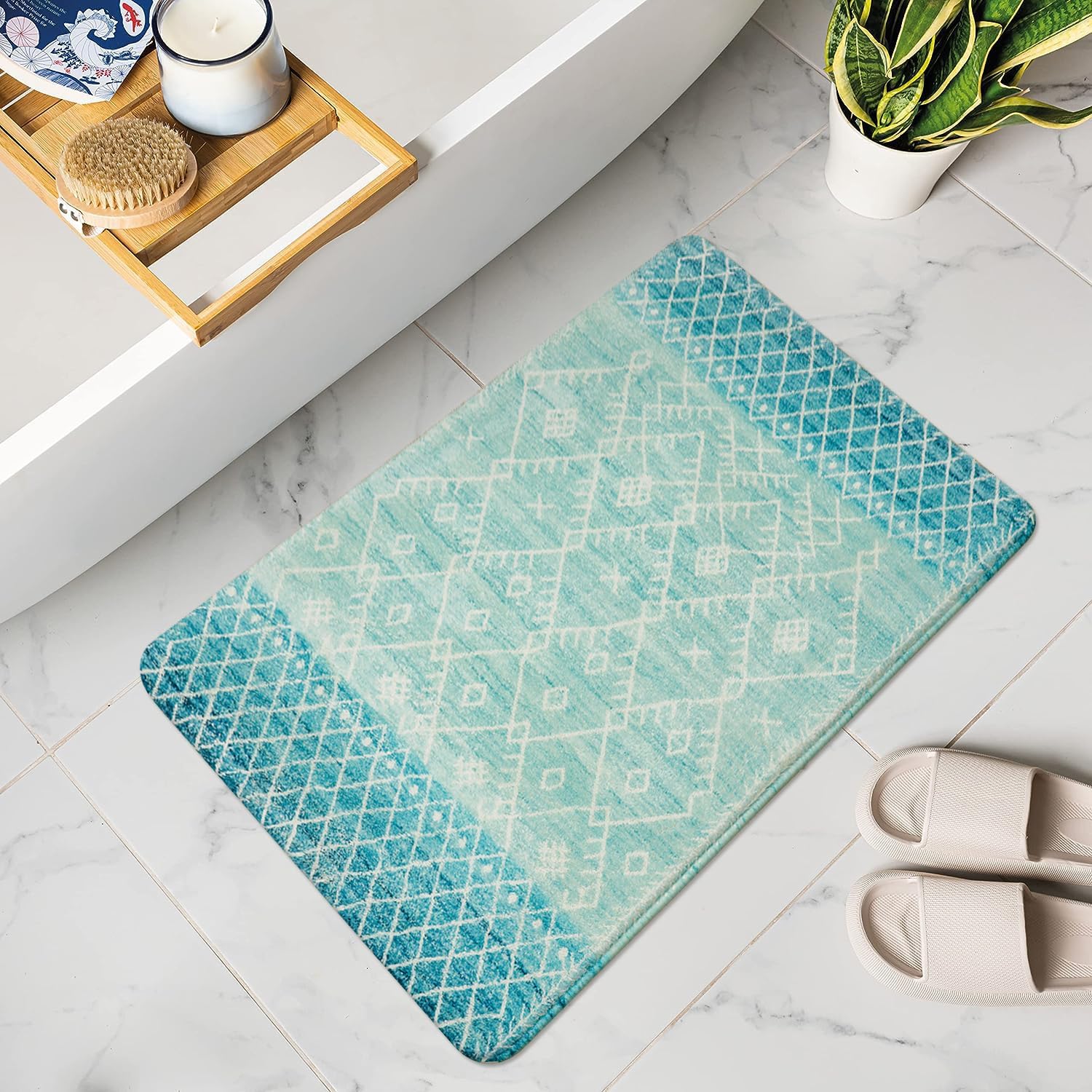 Uphome Tapete de baño antideslizante azul, de 18 x 25 pulgadas, tapete de baño geométrico marroquí, tapete de ducha de terciopelo suave de secado