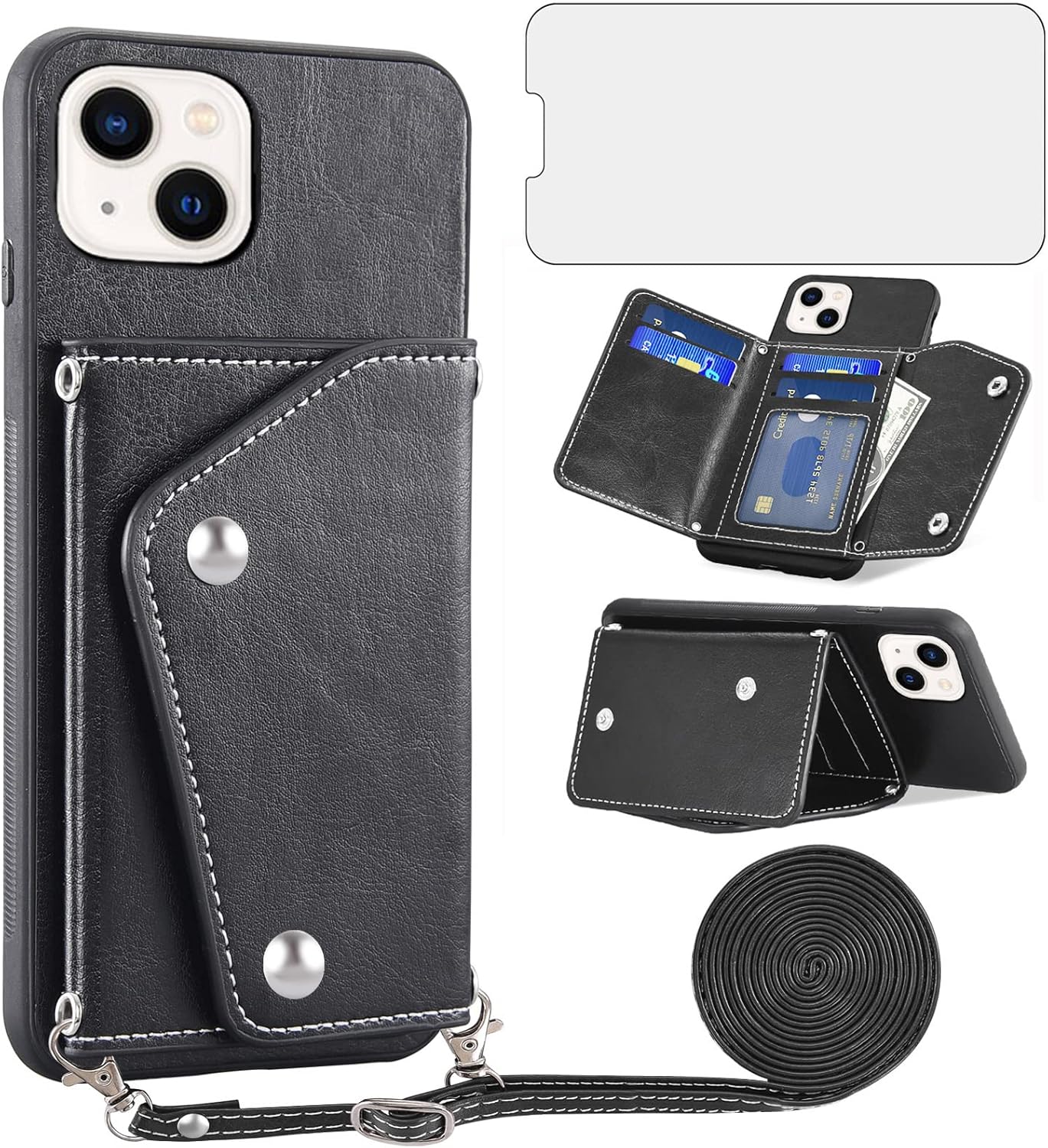 Asuwish Funda de teléfono para iPhone 13 Mini de 5.4 pulgadas, funda tipo cartera con protector de pantalla y soporte para tarjeta de crédito,
