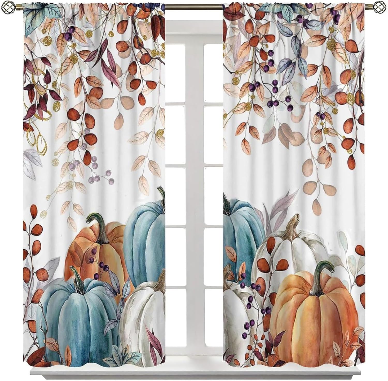 Cortinas de otoño de Acción de Gracias, acuarela, calabazas de otoño, hojas de eucalipto, decoración para el hogar, decoración de otoño de granja,