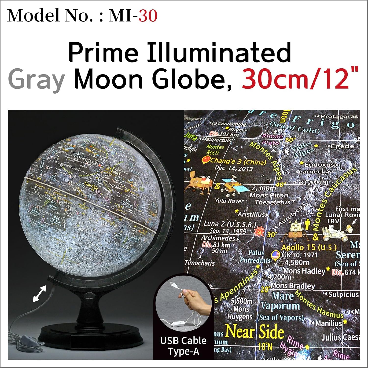Mapsoft Prime – Globo lunar gris iluminado, 11.8 in, MI-30