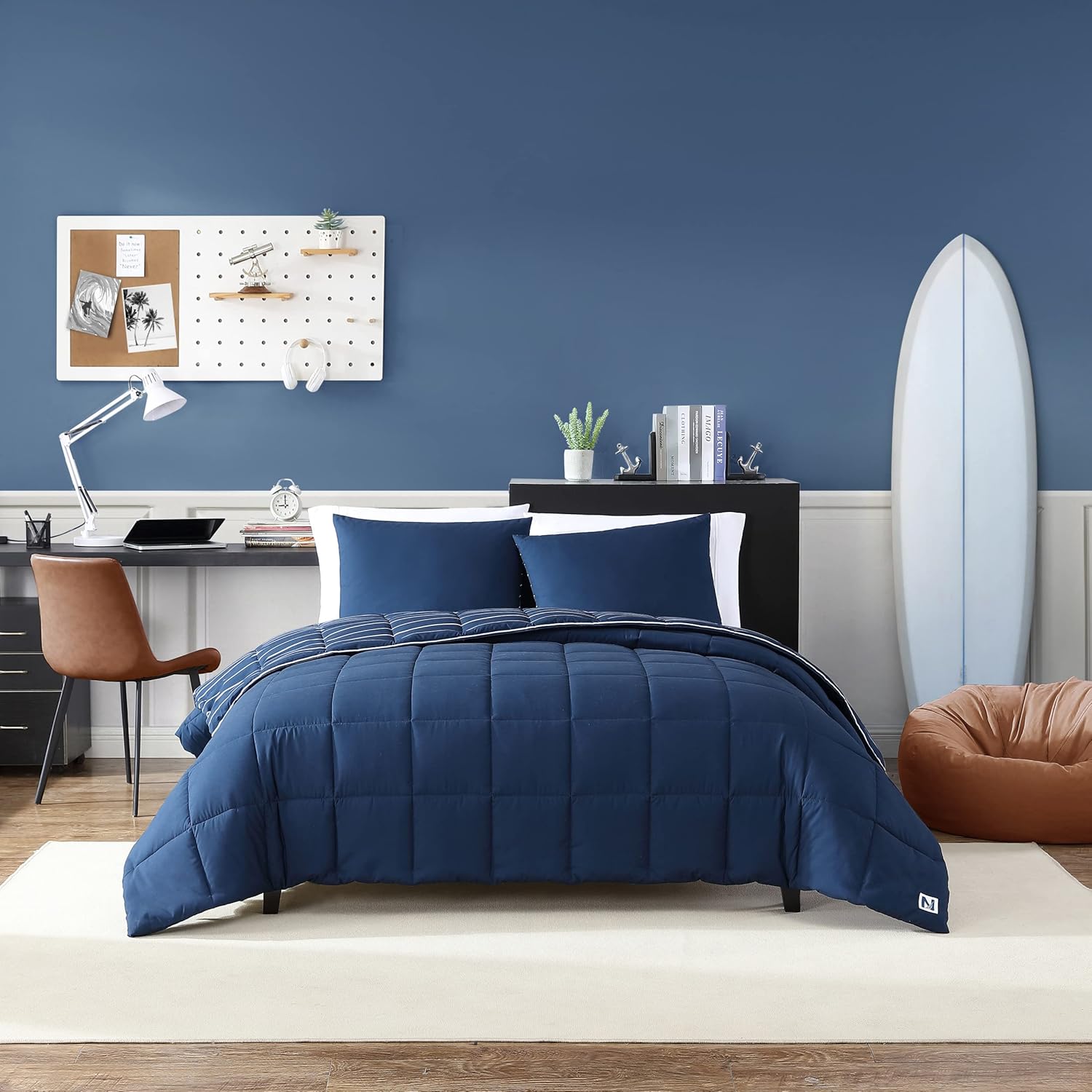 Nautica – Juego de edredón tamaño King, juego de ropa de cama reversible de algodón, decoración del hogar para todas las estaciones (Longdale Stripe