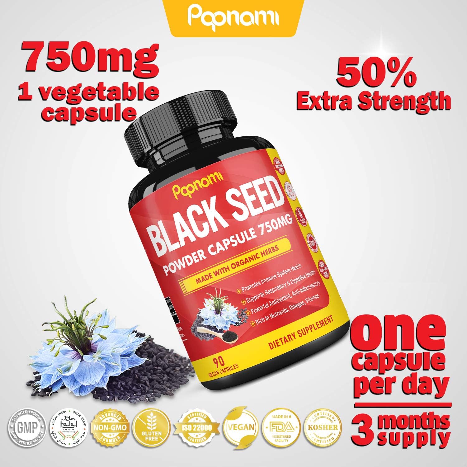 Cápsulas de polvo Pure Black Seed de 750 mg  Suplemento premium para inmunidad, digestivo, piel, cabello y equilibrio corporal  90 píldoras para