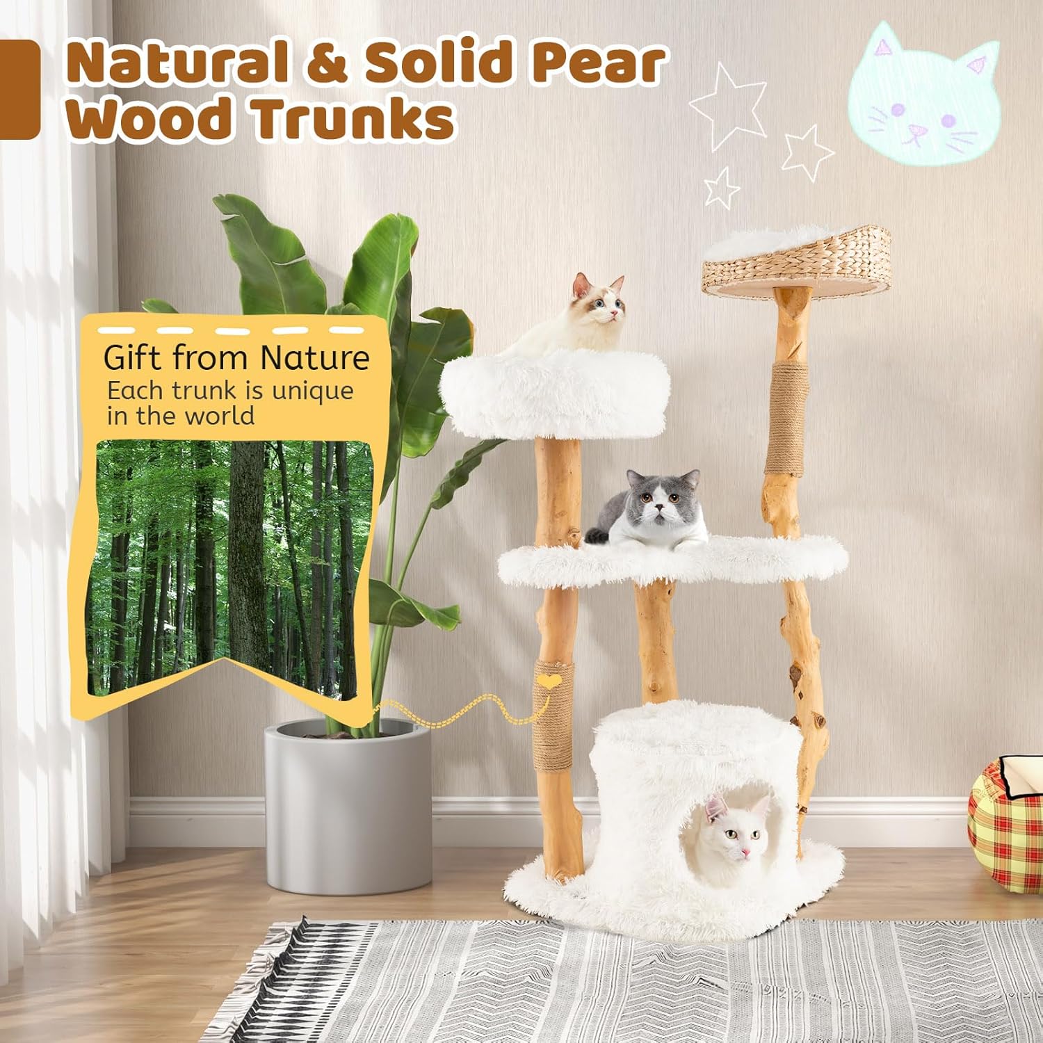 Tangkula Árbol para gatos de interior, torre moderna de madera maciza para gatos con cesta de cola superior, cama para gatos, perca lateral,