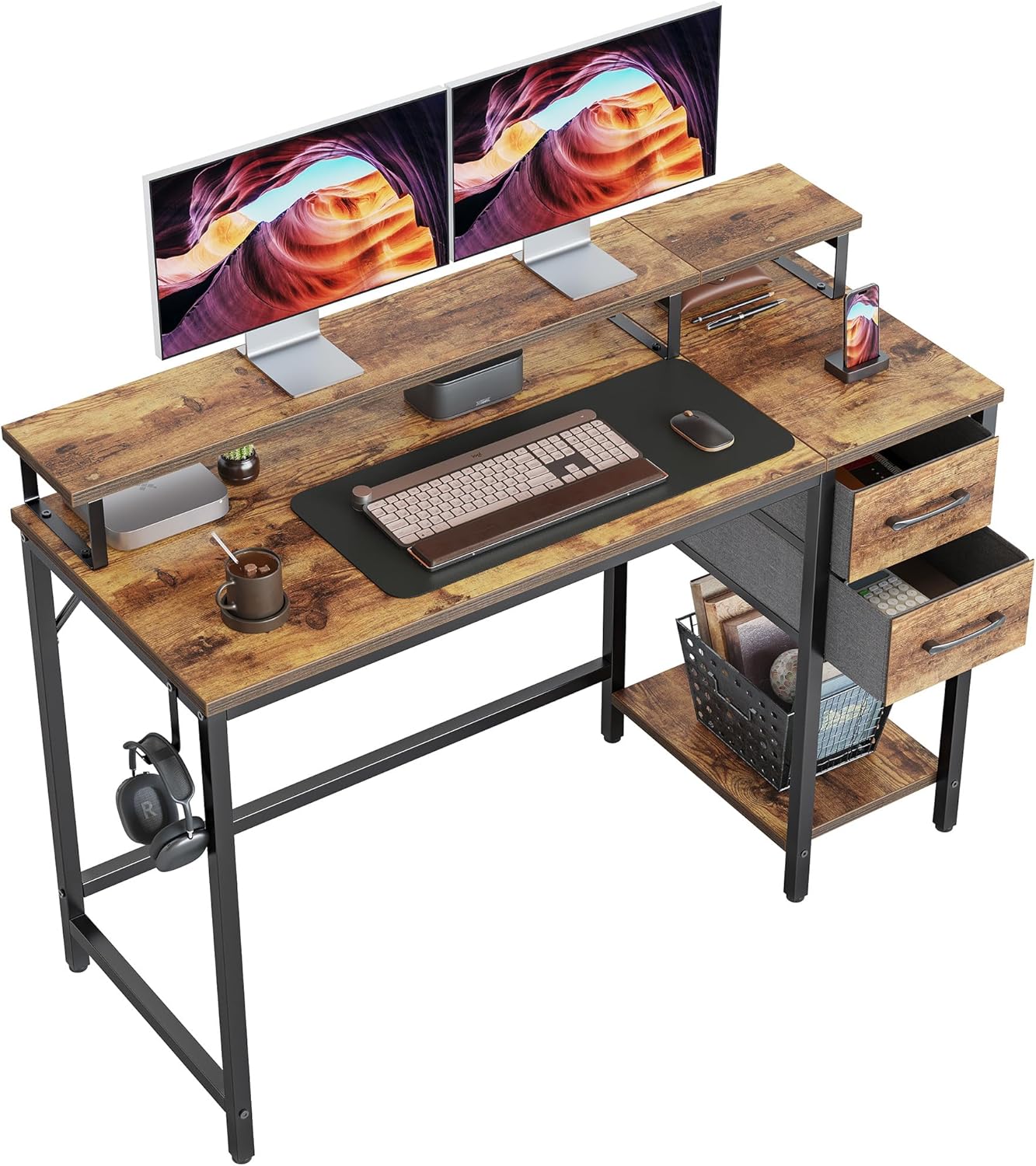 CubiCubi Escritorio para computadora de 47 pulgadas con cajones y soporte para monitor, escritorio de oficina en casa con almacenamiento, mesa de