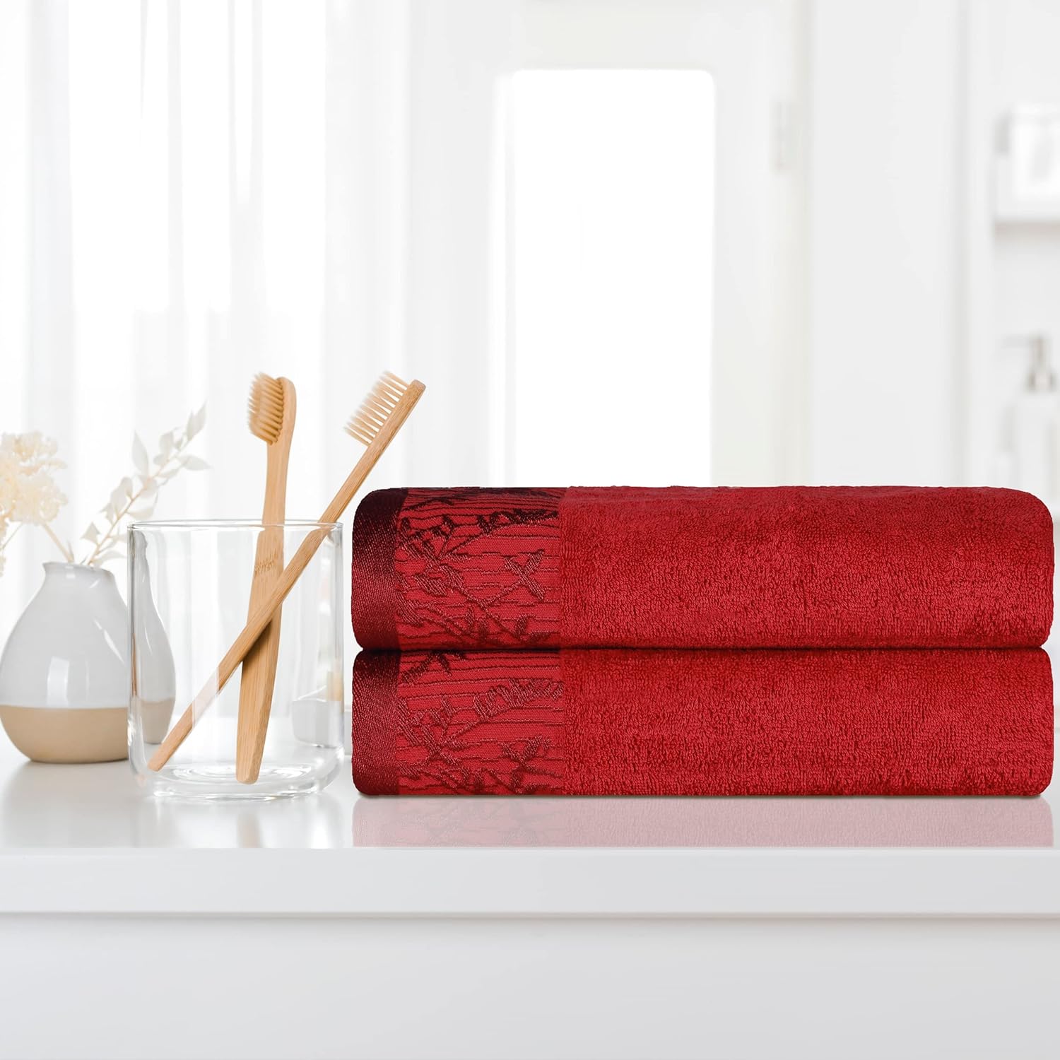 Superior Toallas de baño de algodón (juego de 2), borde Dobby jacquard floral, toalla corporal para baño, baño, spa, centro turístico, hotel,