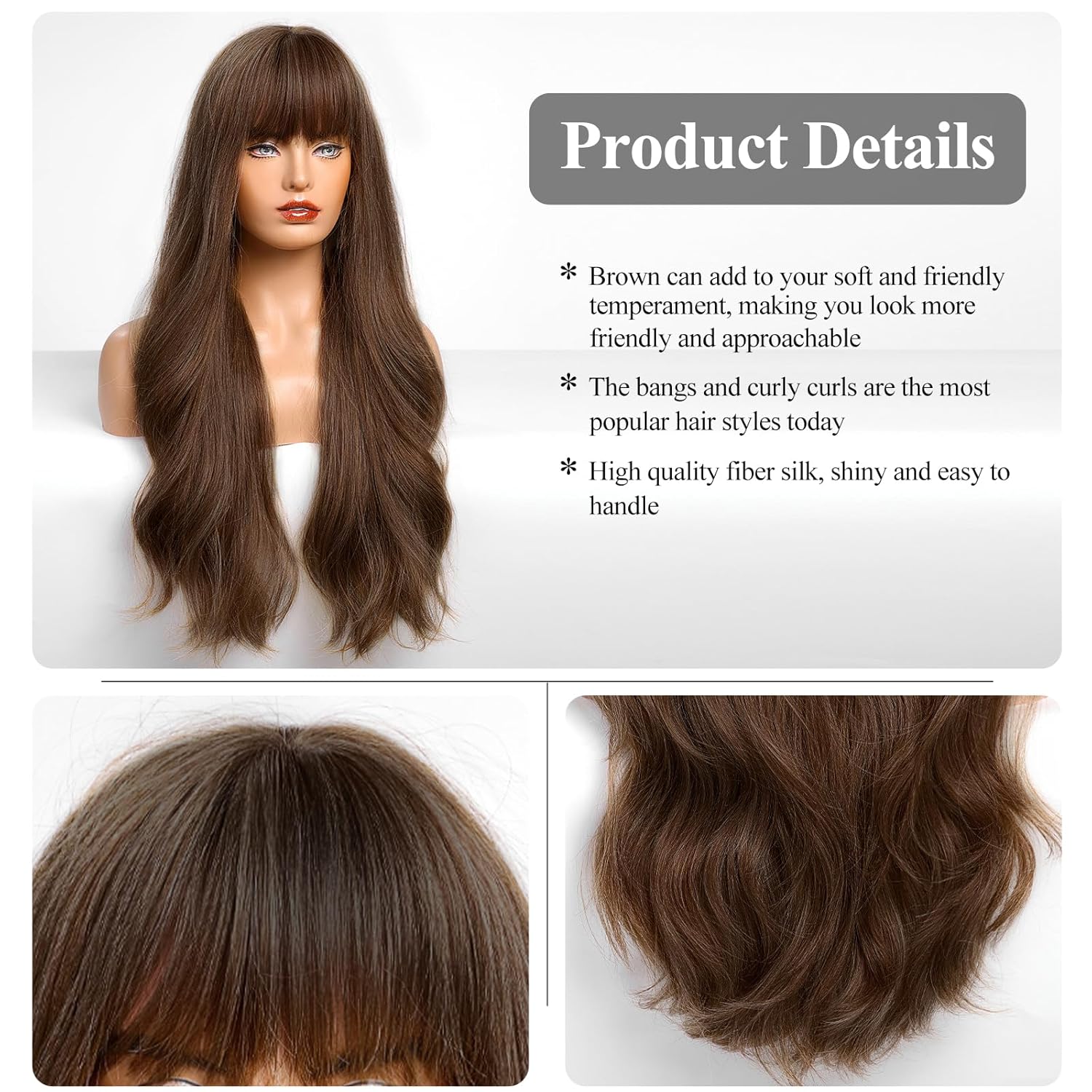 HAIRCUBE Peluca marrón con flequillo para mujer, peluca de cabello largo ondulado marrón, peluca sintética rizada para niñas, uso diario en fiestas