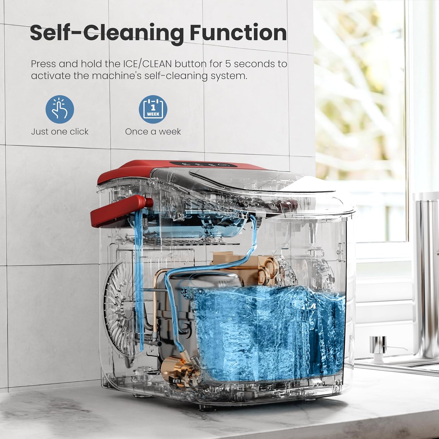 Máquina portátil de hielo para encimera con asa, 9 cubitos de hielo en forma de bala listos en 6 minutos, 26 libras24 horas, función de autolimpieza