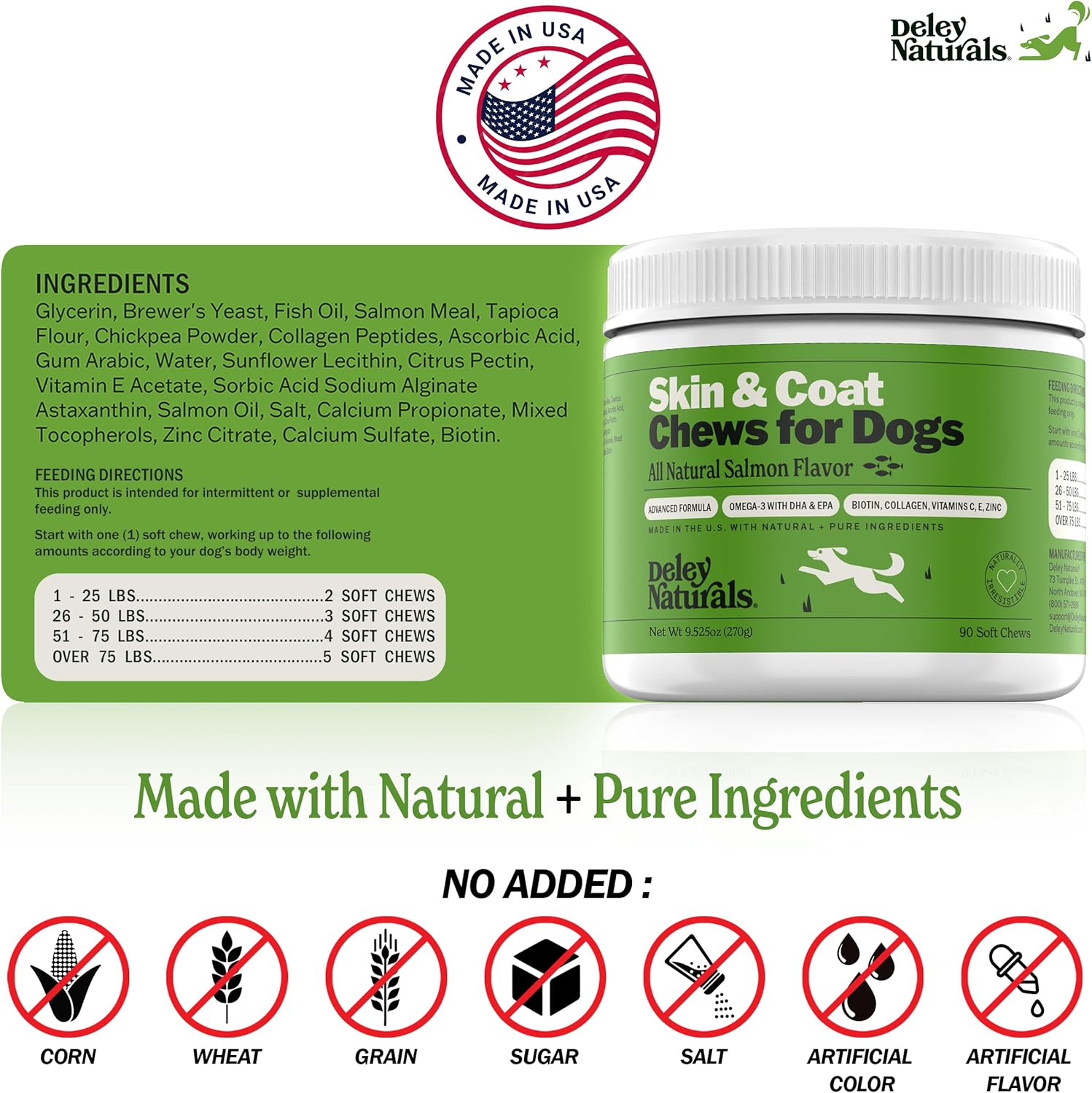 Deley Naturals Masticables Omega para la piel y el pelaje, aceite de pescado Omega 3 con DHA y EPA, biotina, colágeno, vitaminas C, E y zinc,