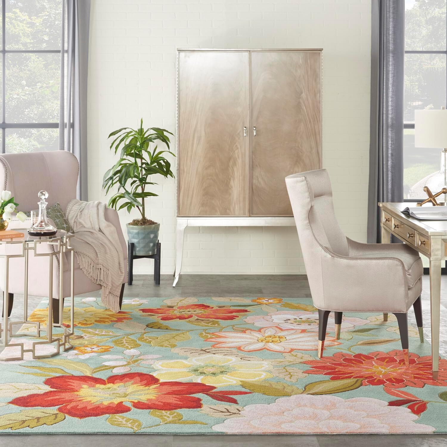 Nourison Fantasy Aqua – Alfombra de área de 8 x 10 pies 6 pulgadas, moderna, floral, para dormitorio, sala de estar, comedor, cocina, fácil