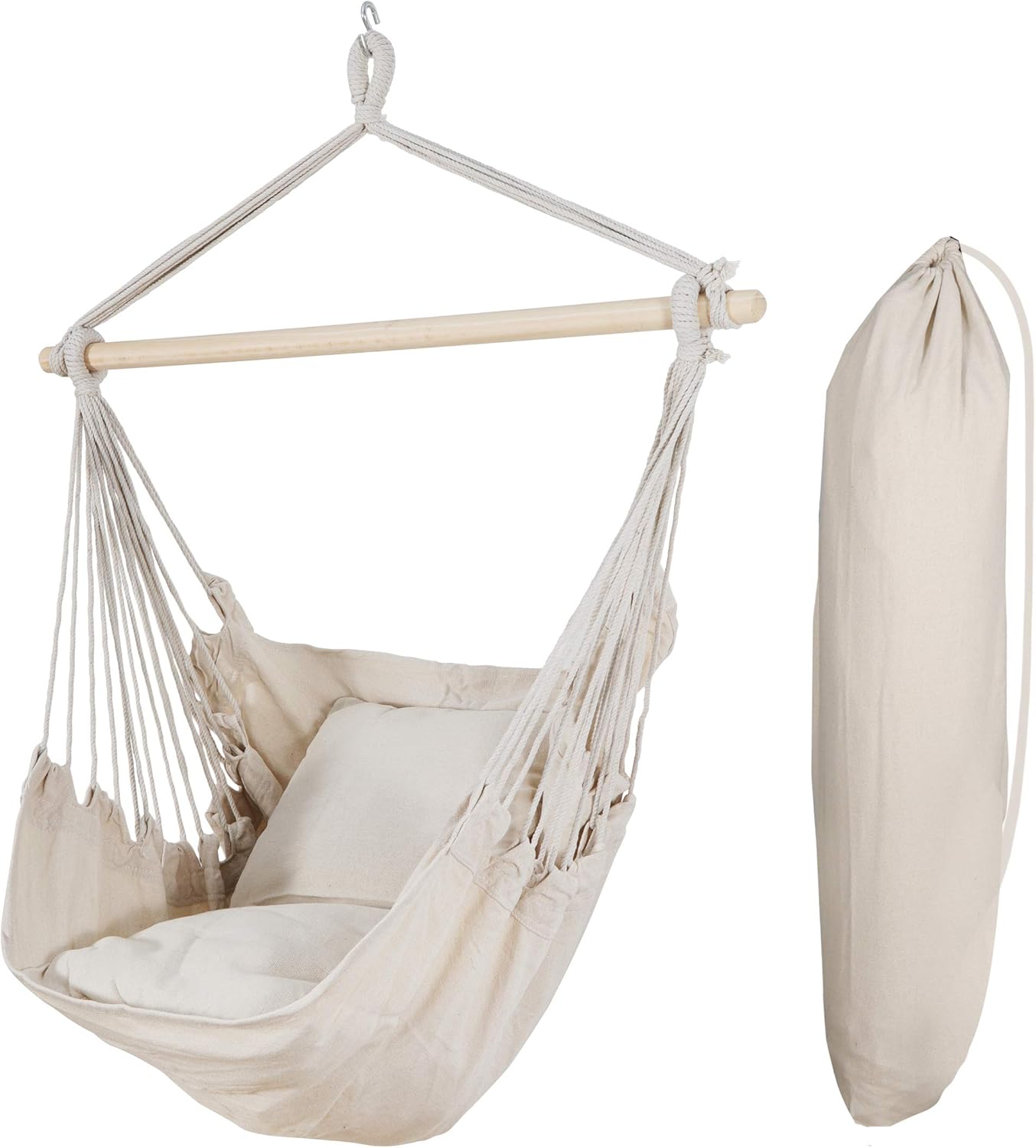 ZENY Silla de hamaca colgante de cuerda con barra de madera y 2 almohadas y bolsa de transporte máx. 330 libras para interiores y exteriores