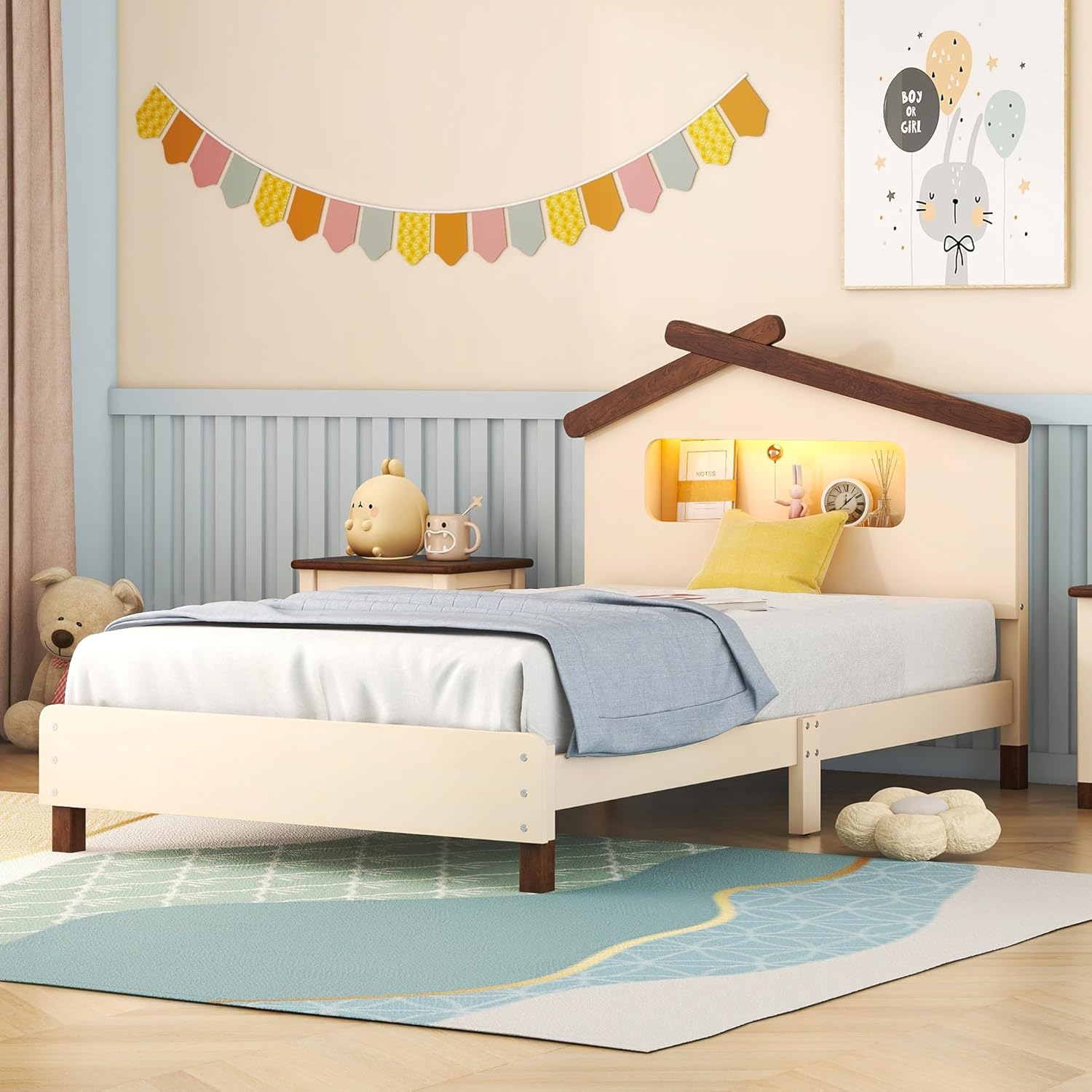 Merax Marco de cama de madera individual para niños con luz de movimiento, plataforma de madera para niños y niñas, no necesita somier, fácil de