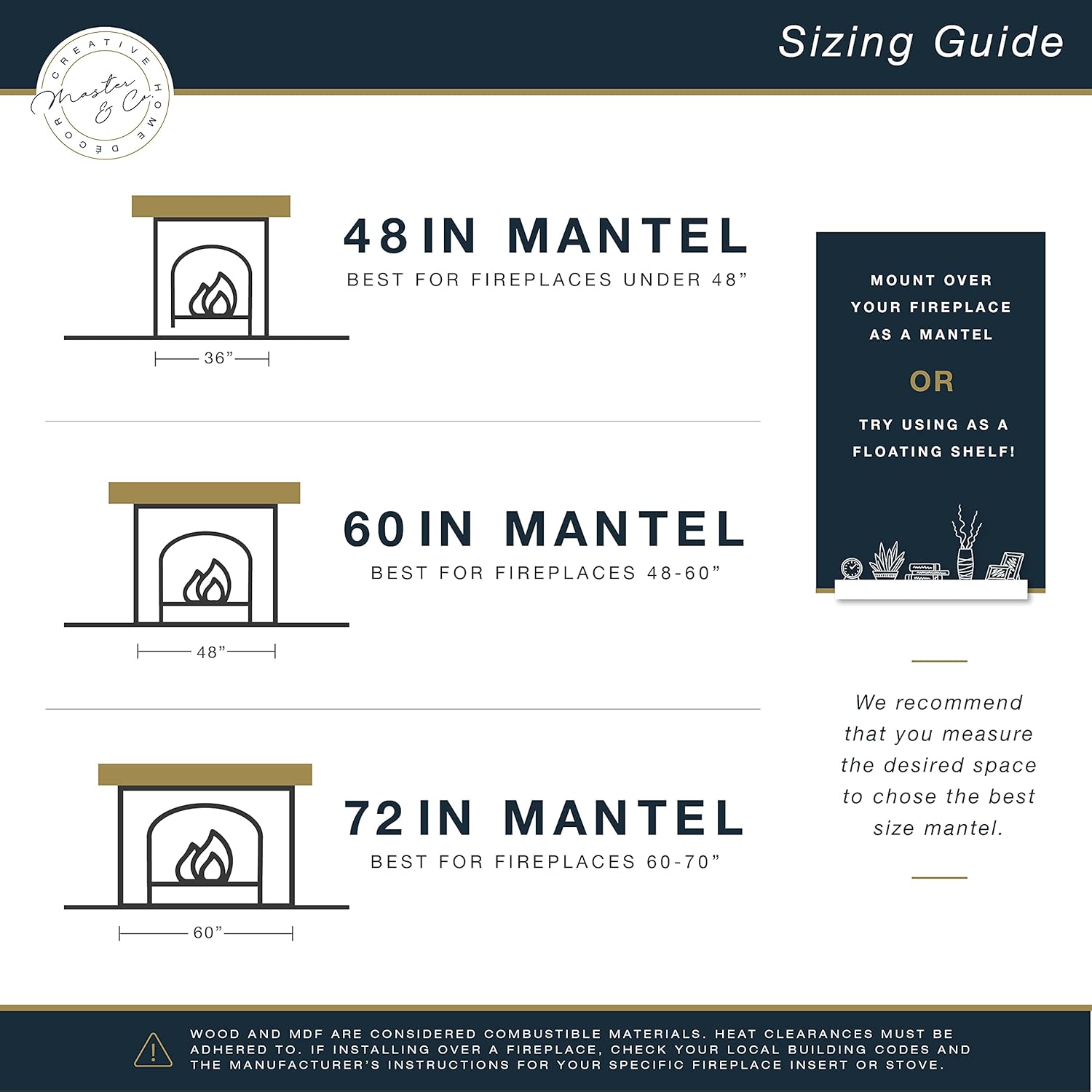Master & Co. – Mantel flotante rústico para chimenea, estante flotante largo para decoración de pared, 72 pulgadas, gris cálido