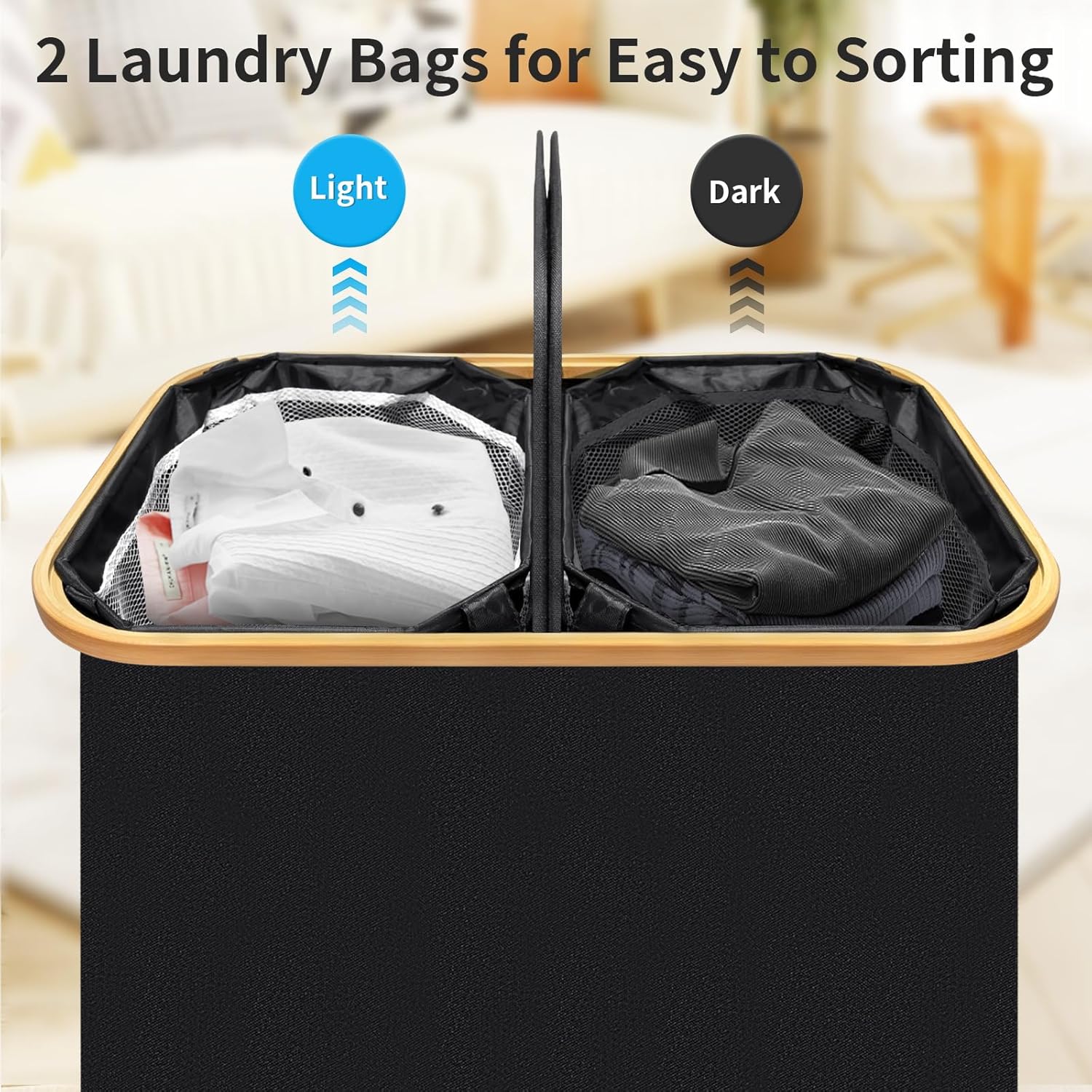 Cesta doble para la ropa sucia con tapa, 160 litros dividida con ruedas, 2 bolsas extraíbles con anillos de acero, cesta de ropa sucia de 2