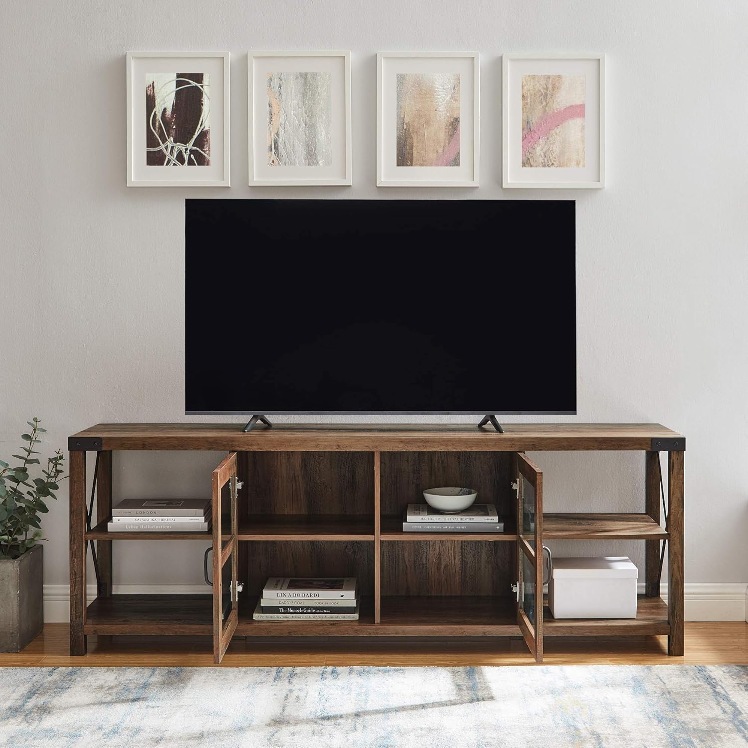 Walker Edison – Mueble de almacenamiento moderno, estilo casa de campo, de metal y madera, con laterales en X, para sala de estar, para TV de hasta