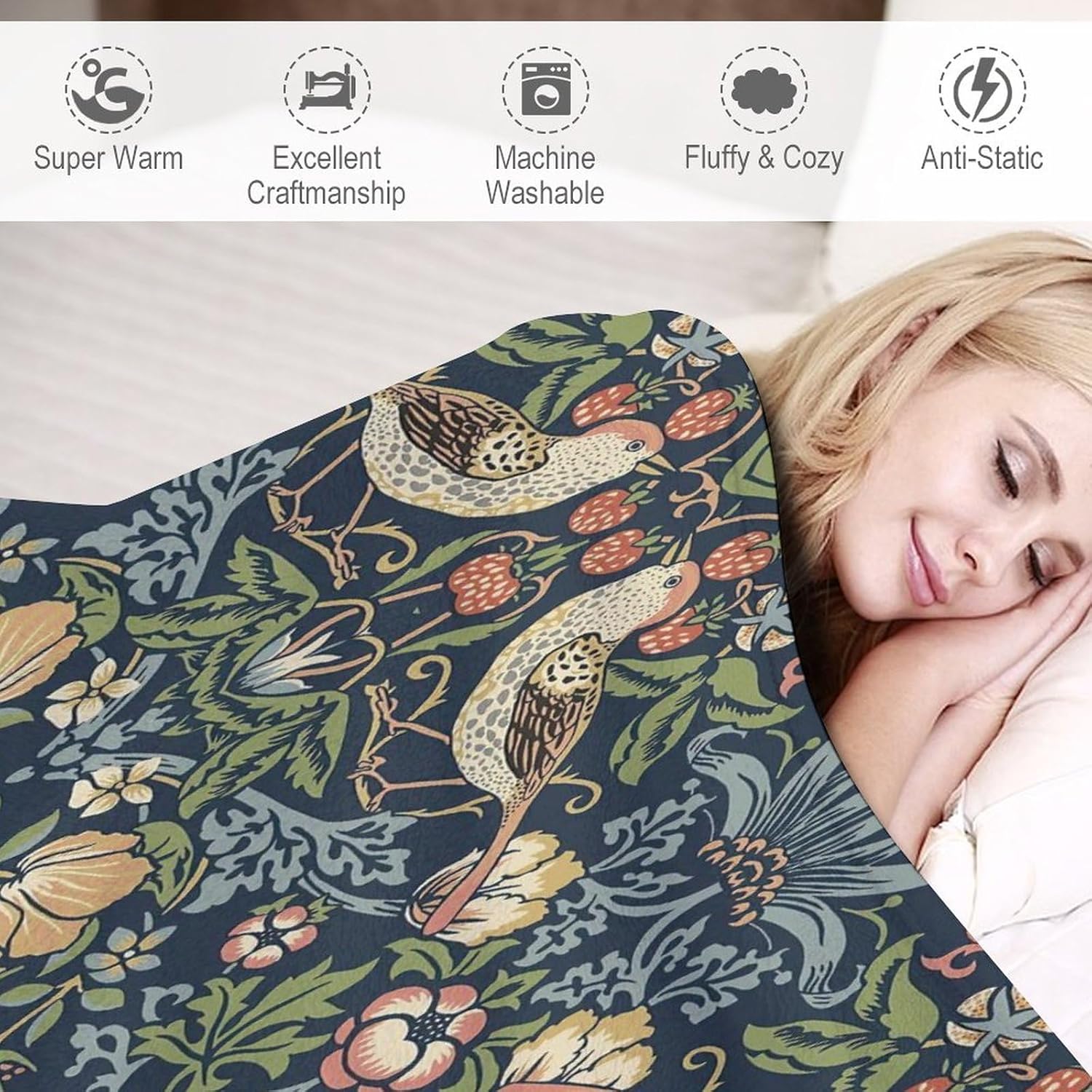 William Morris Manta floral vintage, diseño original de ladrón de fresas, manta de franela súper suave para cama, sofá de viaje, 50 x 60 pulgadas