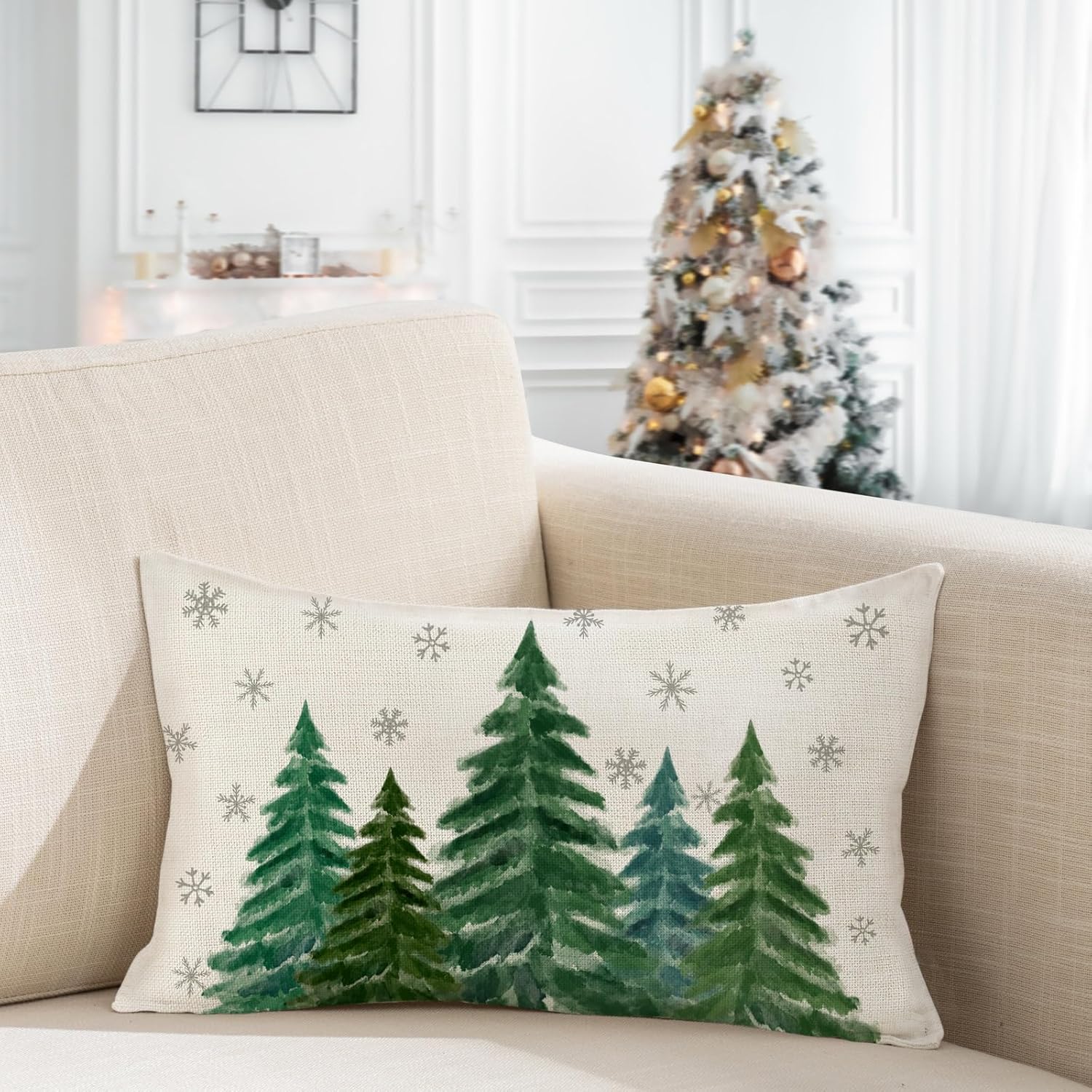 LOMCHEN Funda de almohada de árboles de Navidad verdes de 12 x 20 pulgadas para decoraciones de Navidad, funda de cojín verde de Navidad para sofá