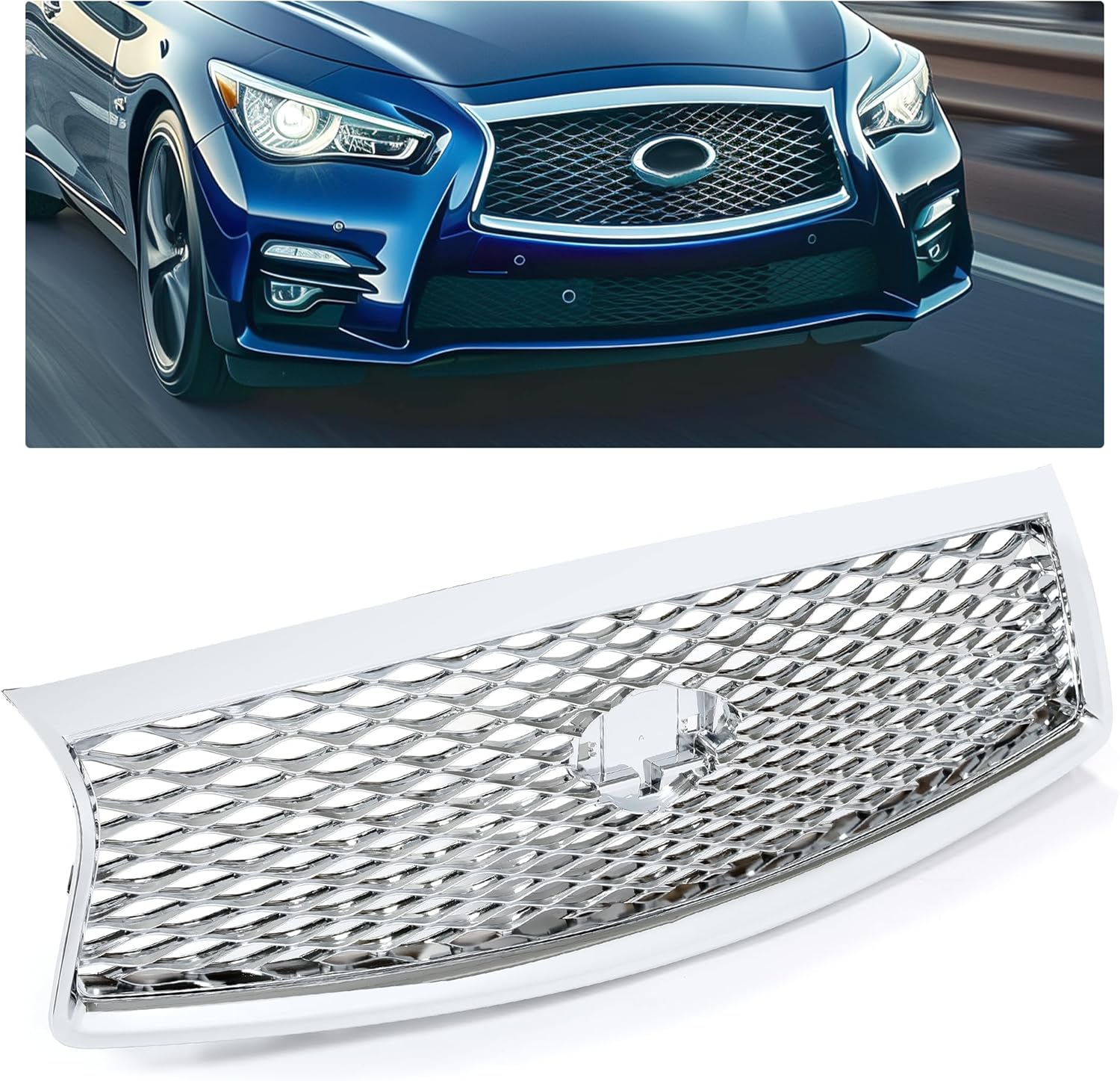 HECASA Rejilla de parachoques delantero compatible con Infiniti Q50 2014-2017 parrilla central de malla cromada plateada
