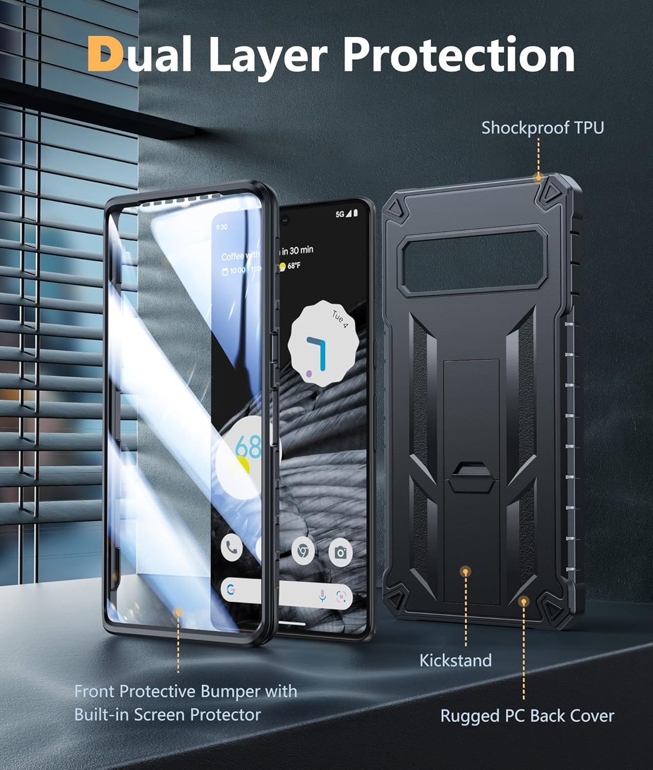 FNTCASE Funda para teléfono Google Pixel 7-Pro protección a prueba de golpes con protector de pantalla integrado y función atril, resistente de