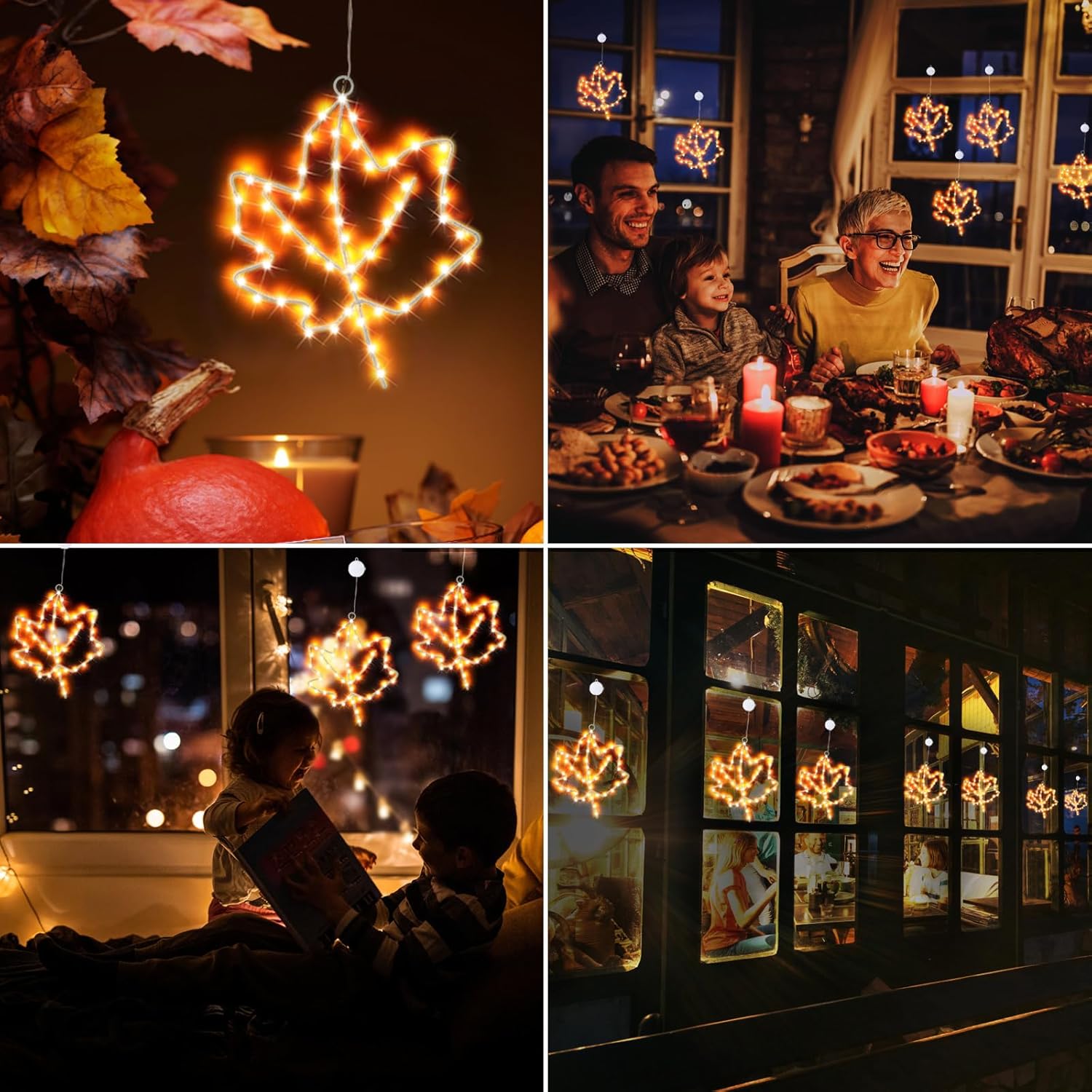 3 piezas de decoración de ventana de otoño, luces de hoja de arce, luces de ventana de Acción de Gracias a pilas con temporizador, marco de metal