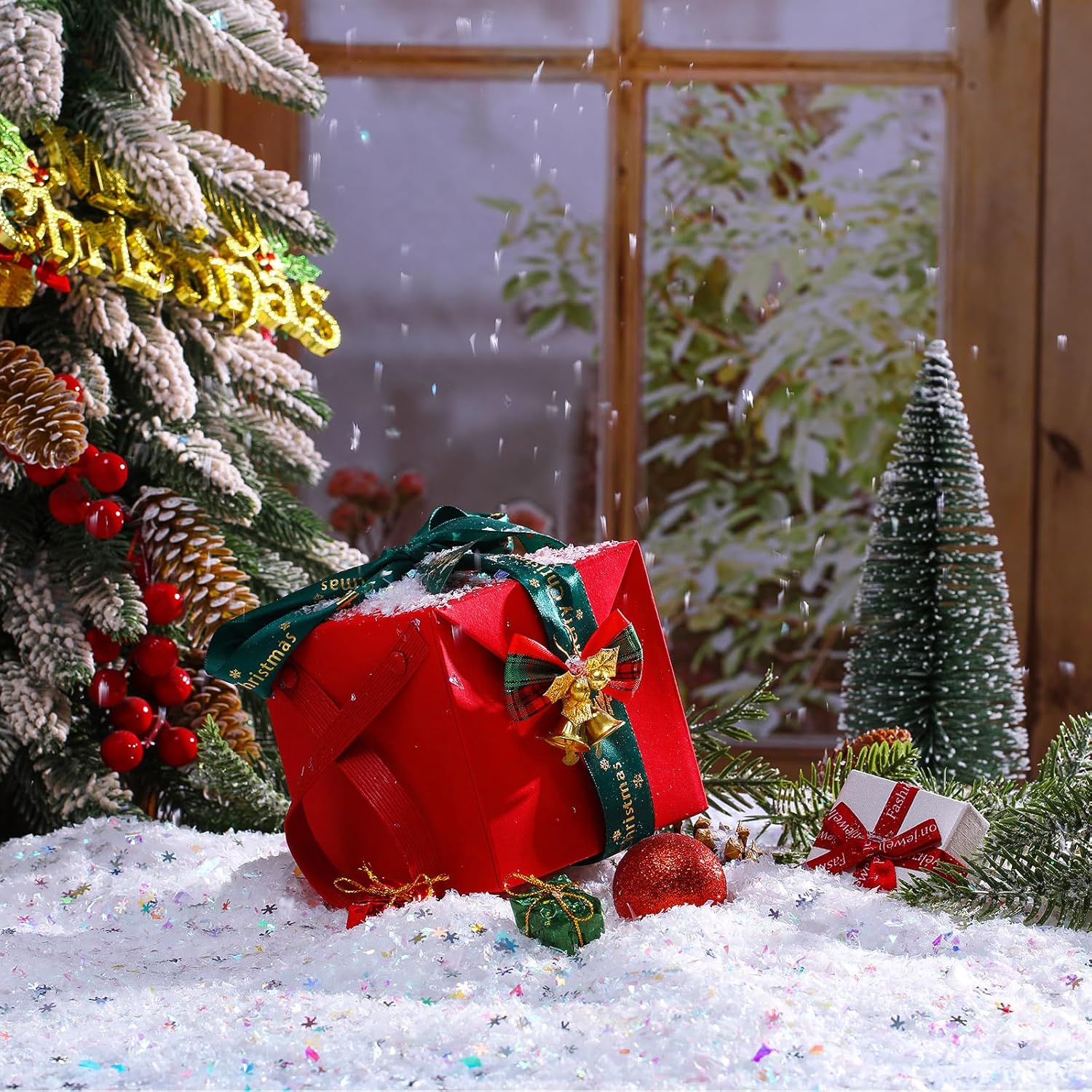 Geosar Nieve artificial de Navidad de 14 onzas y copos de nieve de 1.4 onzas, confeti de nieve instantánea de nieve falsa con purpurina iridiscente