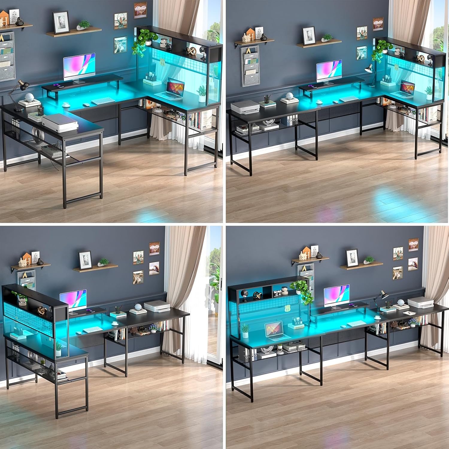 Unikito Escritorio en forma de U con gabinete, escritorio reversible en forma de L con tomas de corriente y tira LED, mesa de oficina grande con