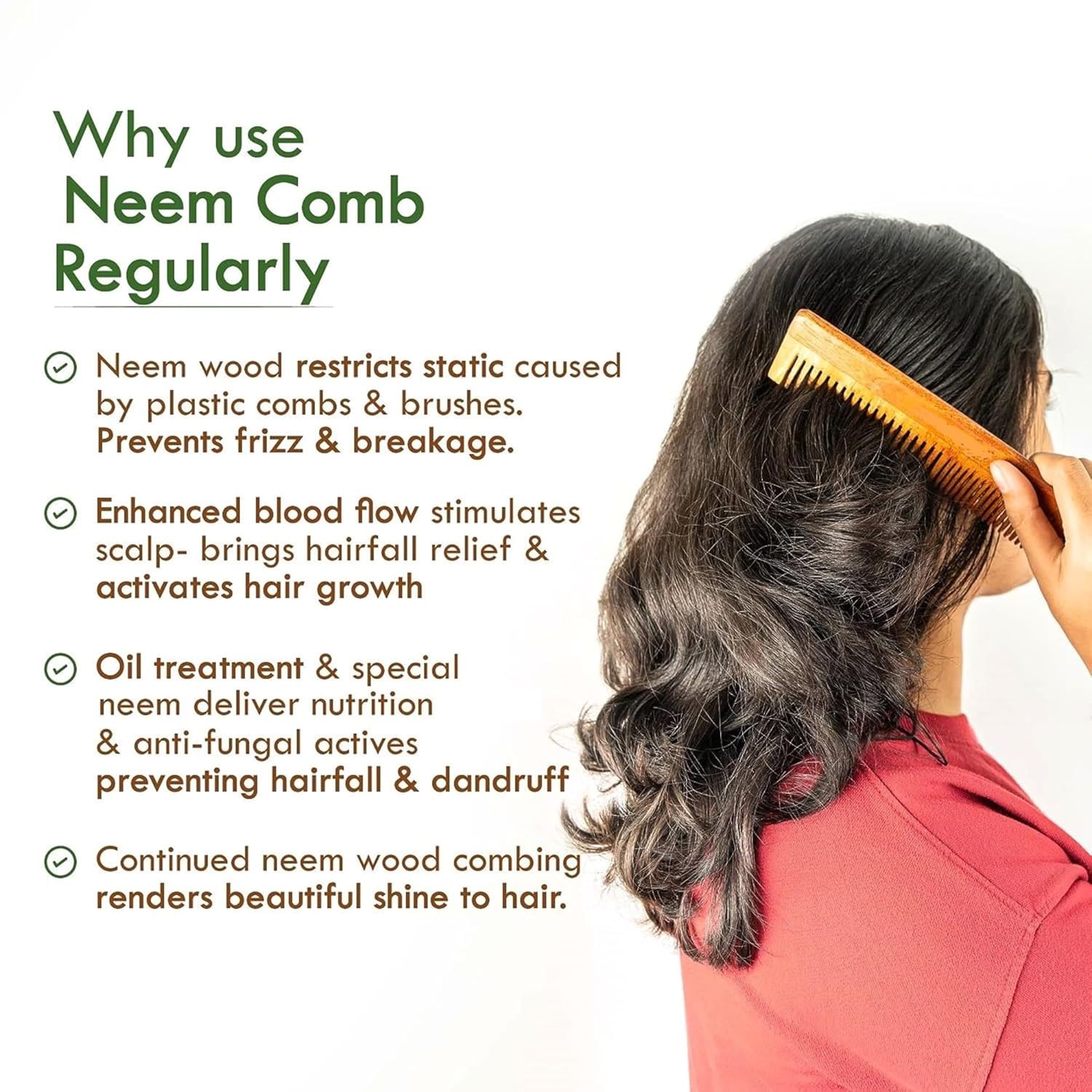 Peine de madera Neem 100% puro y natural que promueve el crecimiento del cabello, reduce la caída del cabello y controla la caspa de dientes anchos